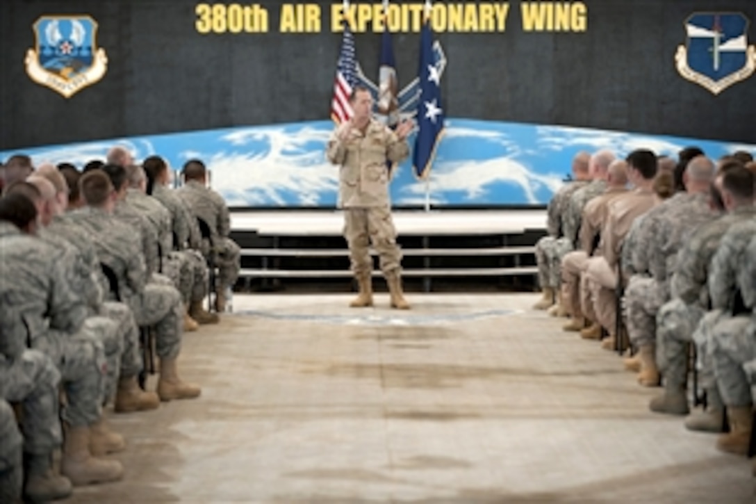 U.S. Navy Adm. Mike Mullen, chairman of the Joint Chiefs of Staff, addresses servicemembers assigned to the 380th Air Expeditionary Group during an all-hands call in Southwest Asia, Feb. 18, 2010. Mullen is touring the region, visiting with key partners and allies.