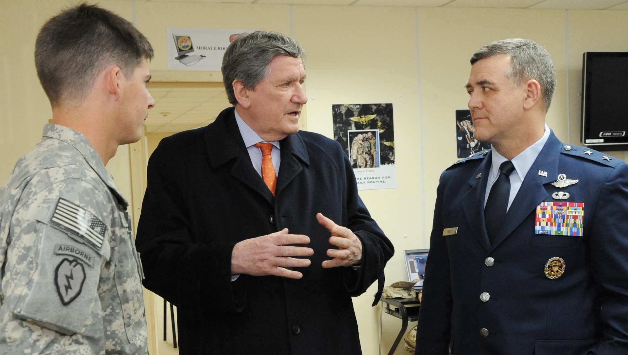 U.S. Special Representative for Afghanistan and Pakistan, Ambassador Richard Holbrooke, speaks with his senior military advisor, Maj. Gen. Burton M. Field, and 1st Lt. Zachary Dombrowski about the current regional issues during his visit at the Transit Center at Manas, Kyrgyzstan, Feb. 19, 2010. (U.S. Air Force photo/Senior Airman Nichelle Anderson/released). 
