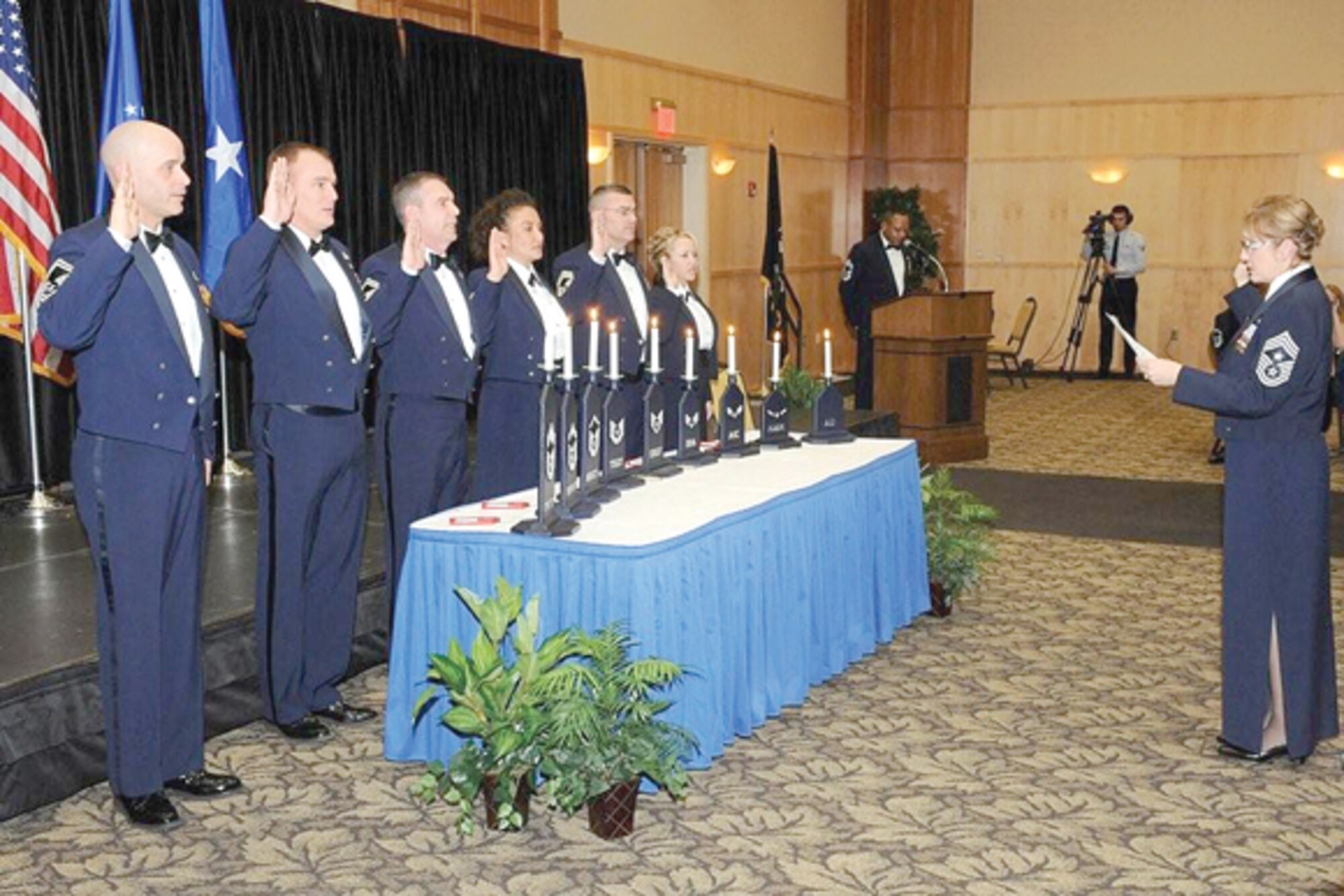 The newly promoted chiefs are sworn in to officially be inducted in this elite group of the highest rank in the enlisted Air Force at Club Hill on Feb. 12.