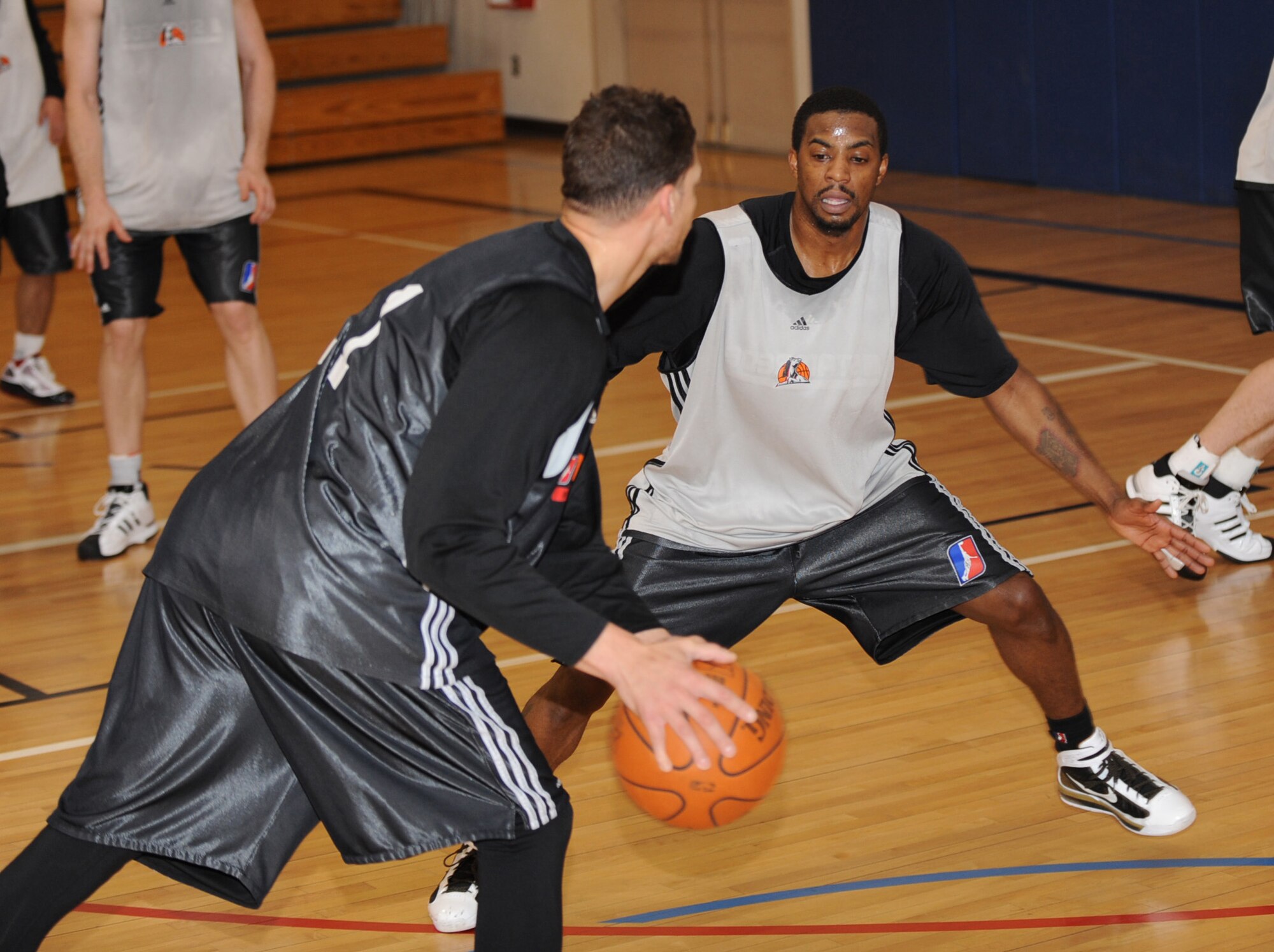 MOUNTAIN HOME AIR FORCE BASE, Idaho -- Donell Taylor, Idaho Stampede guard, plays defense during practice Feb. 18 held at the base fitness center. The Idaho Stampede players were at Mountain Home in support of Air Power Night and show their support for the Gunfighters.  The Idaho Stampede is a member of the NBA Development League with its base of operations in Boise, Idaho. (U.S. Air Force photo by Airman 1st Class Renishia Richardson)