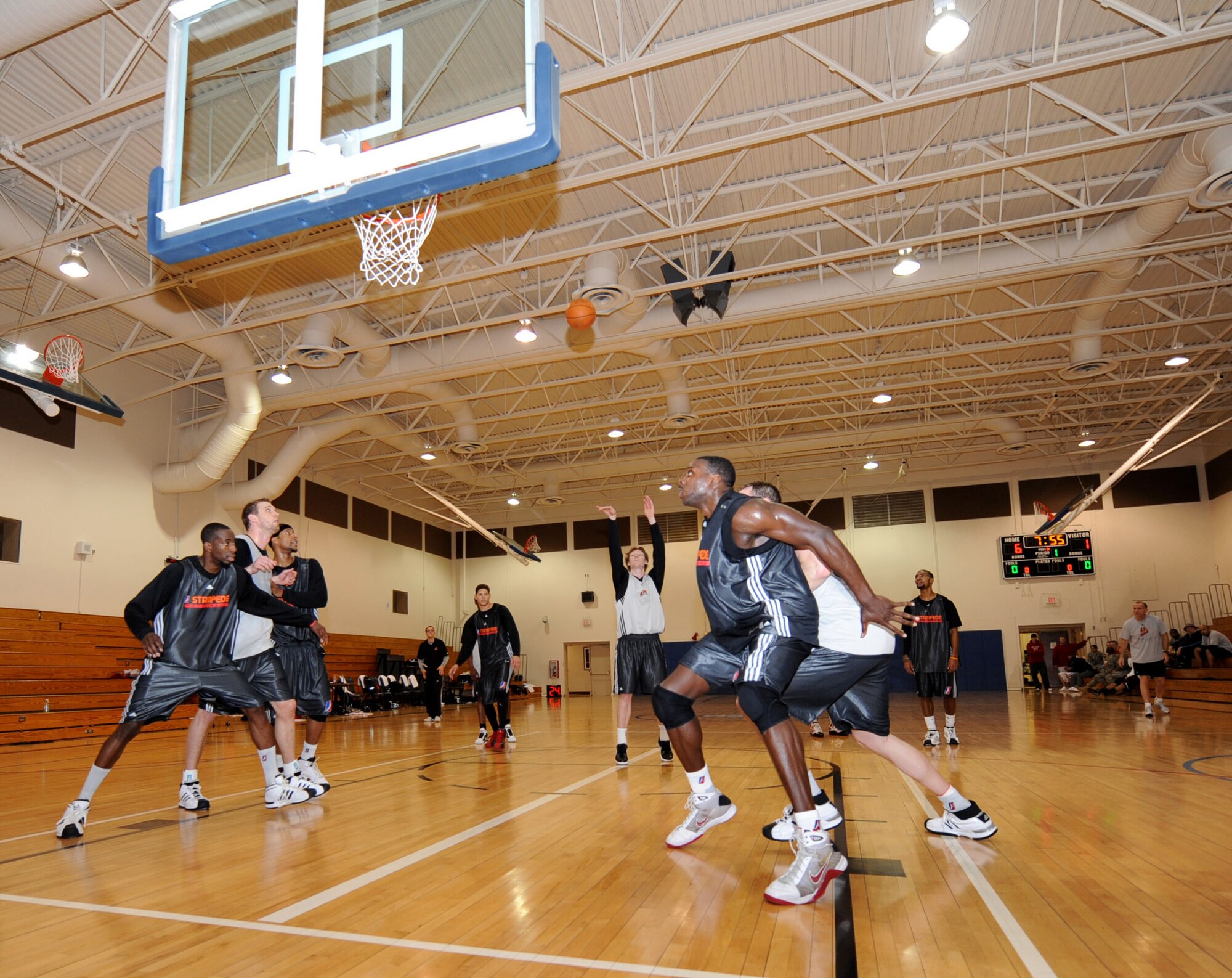 MOUNTAIN HOME AIR FORCE BASE, Idaho -- Coby Karl, Idaho Stampede guard, shoots a free throw during practice Feb. 18 held at the base fitness center. The Idaho Stampede players were at Mountain Home in support of Air Power Night and show their support for the Gunfighters.  The Idaho Stampede is a member of the NBA Development League with its base of operations in Boise, Idaho. (U.S. Air Force photo by Airman 1st Class Renishia Richardson)