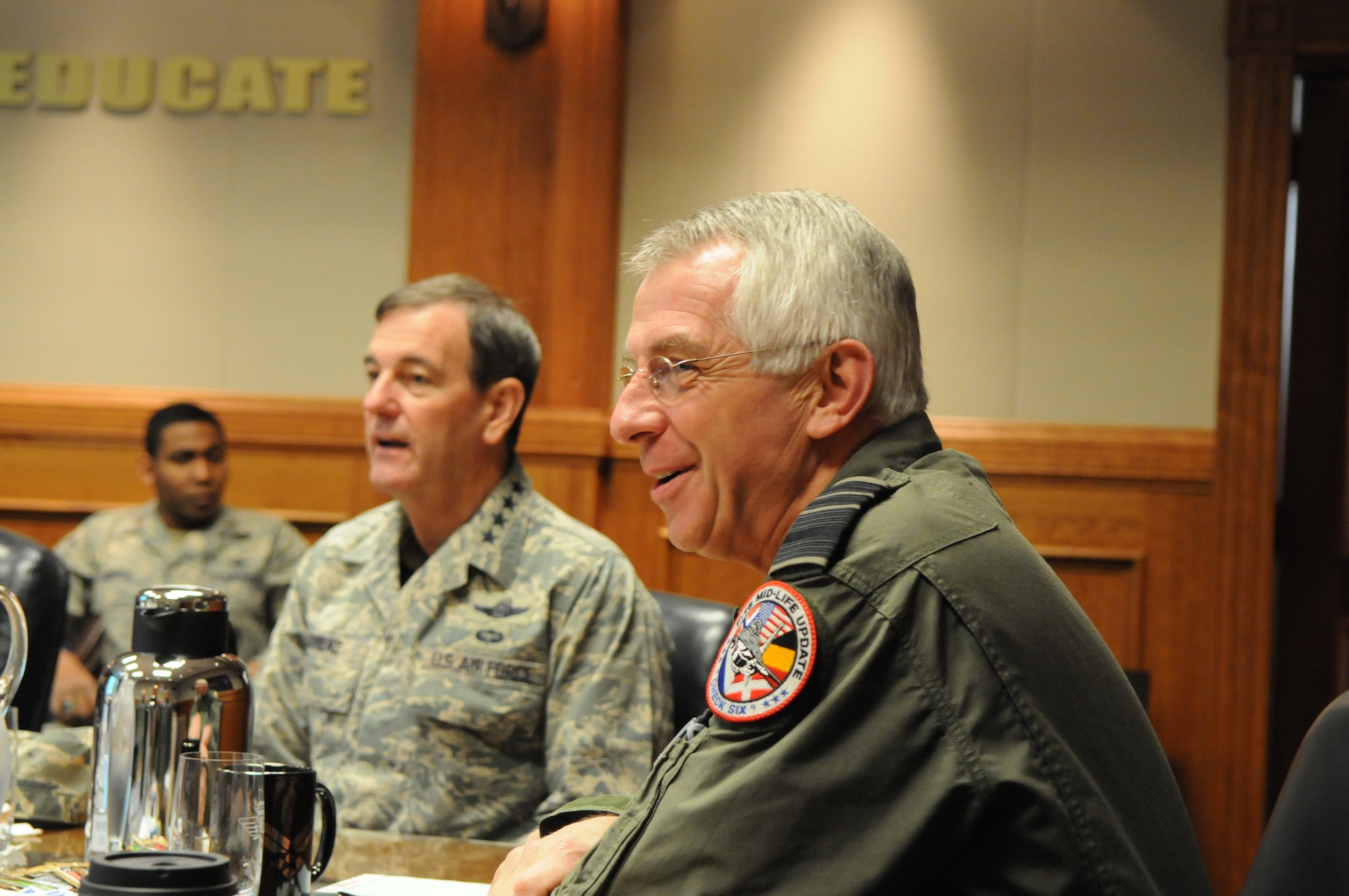 Lt. Gen. J.H.M.P. “Jac” Jansen, the Royal Netherlands air force commander, learns about innovations in U.S. Air Force training programs Feb. 15 during a visit to Randolph Air Force Base, Texas. Gen. Stephen R. Lorenz, Commander, Air Education and Training Command, hosted the general and his wife following a one-day trip to attend the Euro-Nato Joint Jet Pilot Training program graduation at Sheppard AFB, Texas.