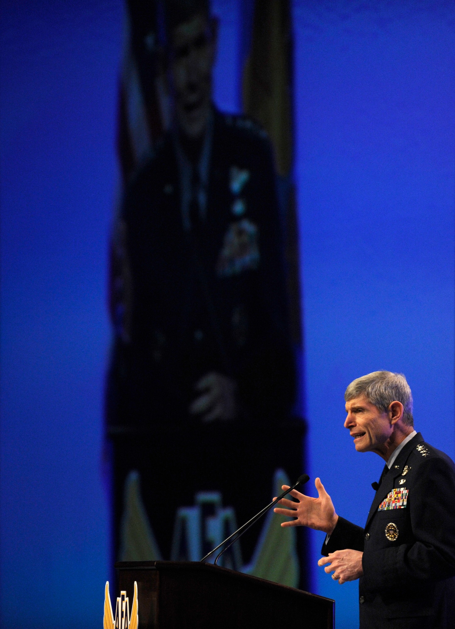 Air Force Chief of Staff Gen. Norton Schwartz addresses an audience of nearly 500 during the Air Force Association's Air Warfare Symposium and Technology Exposition Feb. 18, 2010, in Orlando, Fla.  The general highlighted the importance of space to the Air Force mission.  (U.S. Air Force photo/Scott M. Ash) 