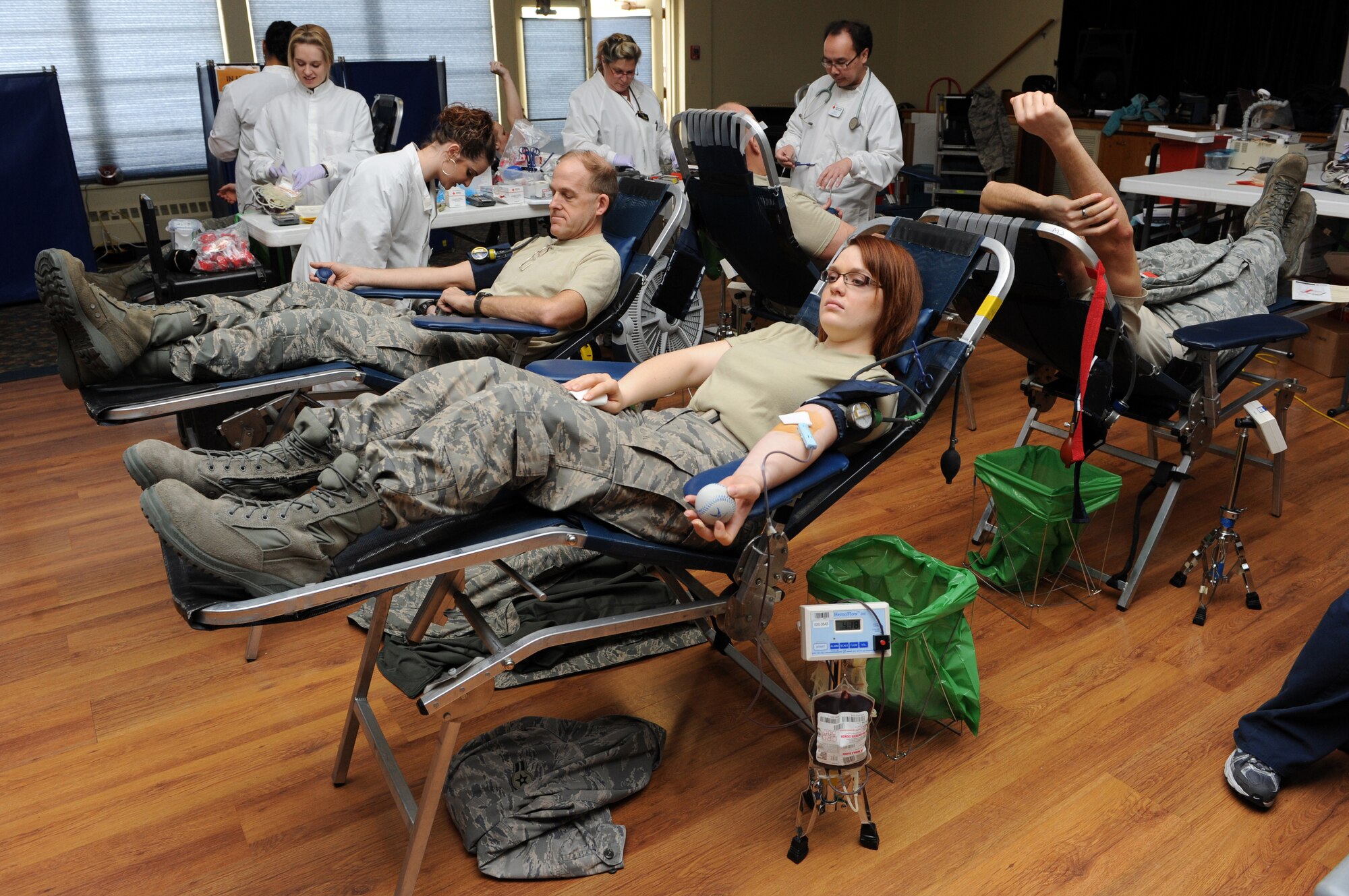 MOUNTAIN HOME AIR FORCE BASE, Idaho -- Gunfighters from the 366th Fighter Wing donate blood during a blood drive at the community center Feb. 11. According to www.redcrossblood.org, the American Red Cross holds more than 200,000 blood drives every year. (U.S. Air Force photo by Airman 1st Class Debbie Lockhart)