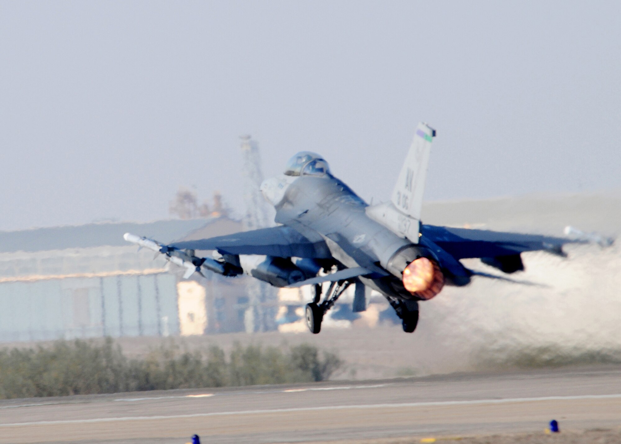 An F-16 Fighting Falcon from Aviano Air Base, Italy, takes off Feb. 2, 2010, at Zaragoza Air Base, Spain. During their deployment to Zaragoza AB, 555th Fighter Squadron pilots flew 239 sorties in nine flying days. (U.S. Air Force photo/Senior Airman Tabitha M. Mans)
