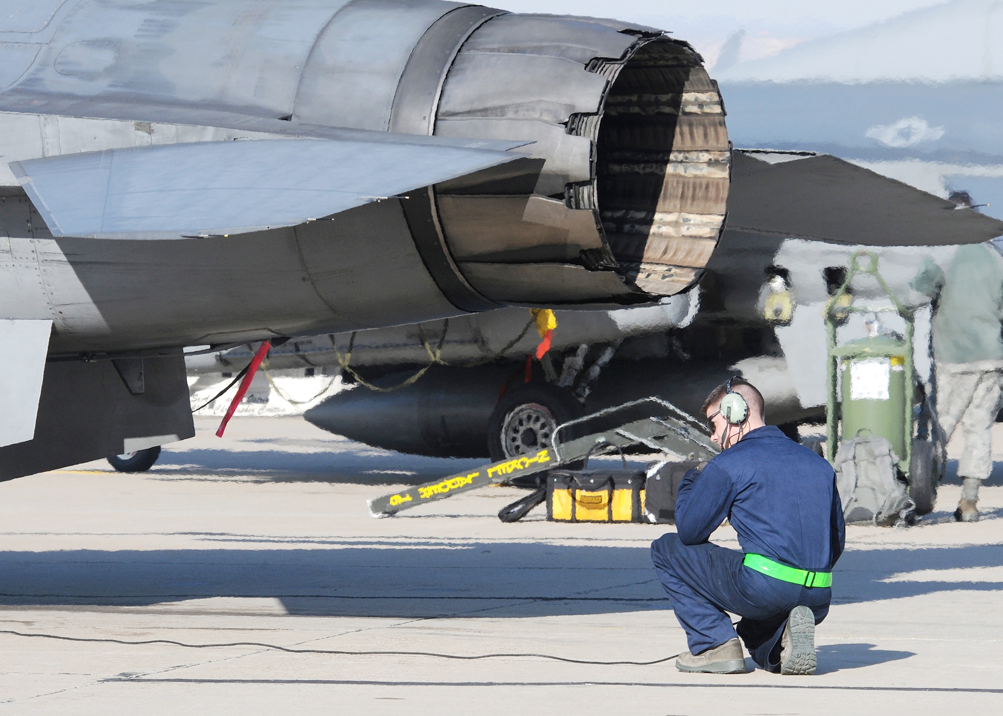 Staff Sgt. David Fells performs pre-flight checks during start up procedures Feb. 2, 2010, at Zaragoza Air Base, Spain. Crew chiefs from the 555th Fighter Squadron from Aviano Air Base, Italy, maintained 16 aircraft during this training deployment. Sergeant Fells is an 555th Aircraft Maintenance Unit crew chief. (U.S. Air Force photo/Senior Airman Tabitha M. Mans)