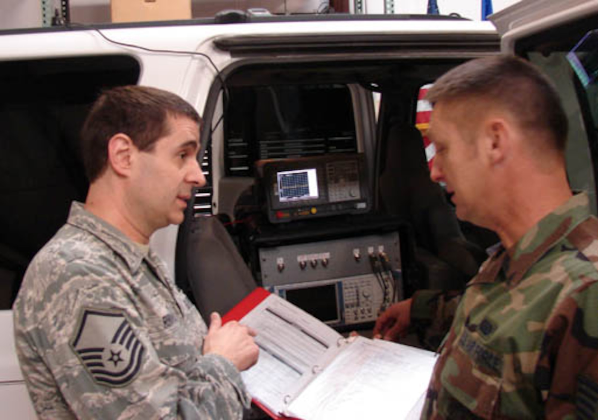 SCHRIEVER AIR FORCE BASE, Colo. -- Master Sgt. Rinaldi (left), 26th Space Aggressor Squadron, instructs Tech. Sgt. Randy Reigel on how to operate a Spectrum Analyzer for a GPS jammer. Sergeant Rinaldi was recently named 10th Air Force's 2009 Outstanding Airman of the Year in the Senior Non-commissioned Officer category. He is an Intelligence Situational Analyst responsible for employing adversary tactics, techniques and procedures in support of exercise scenarios. Additionally, he fuses information provided by Imagery Analysts for education and training purposes. Sergeant Rinaldo also interfaces with the Regular Air Force Aggressors on day-to-day mission accomplishment. (U.S. Air Force Reserve photo/Staff Sgt. Joshua Paquette)