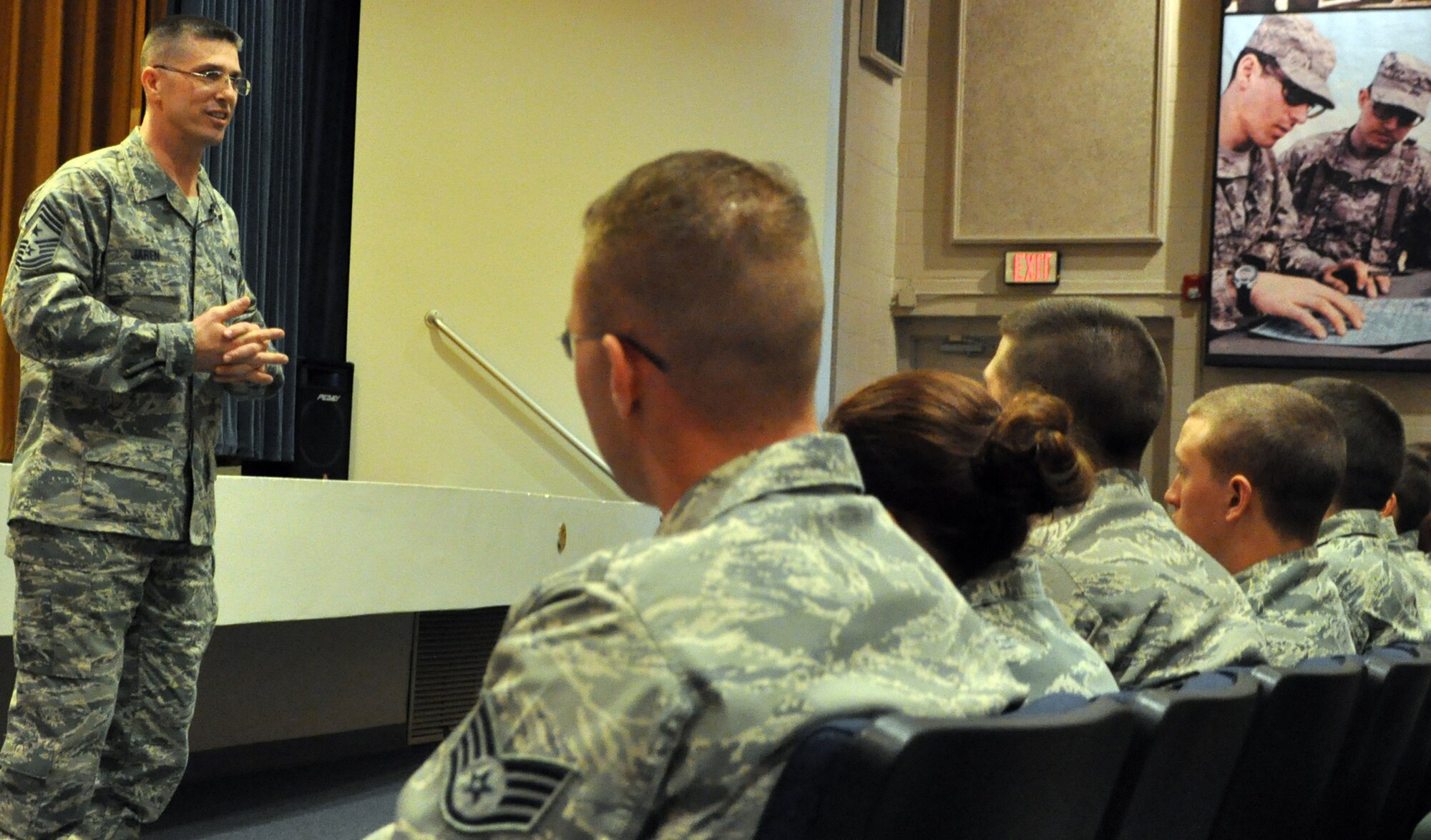 Chief Master Sgt. Eric Jaren, command chief of Air Force Material Command, spoke to Airmen about issues impacting their careers during an enlisted call, Feb. 17. A little more than a month after taking his new position, the chief said he aims to ensure Airmen know their work is meaningful. He said one of his top priorities is to focus on Airmen and their families, making sure they are well trained, equipped and prepared to support the in-garrison and deployed mission. The 28-year veteran also stressed the importance on fulfilling educational and professional requirements, but also to step outside of the box because, “the opportunity of a lifetime must be taken during the lifetime of the opportunity.” (U.S. Air Force photo/ Airman 1st Class Anthony Jennings)