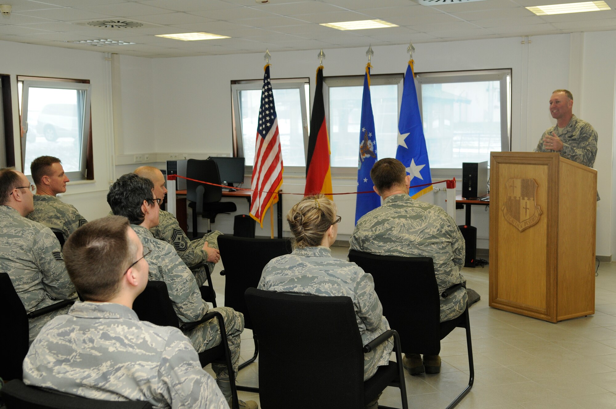 SPANGDAHLEM AIR BASE, Germany – Colonel Tip Wight, 52nd Fighter Wing commander, gives his closing remarks at the opening ceremony of the “Jet Blast” on the flightline Feb. 19. The “Jet Blast” is a facility that will give Airmen on the flightline an opportunity to use wireless Internet, get a haircut, visit a chaplain or eat a hot meal. (U.S. Air Force photo/Senior Airman Benjamin Wilson)