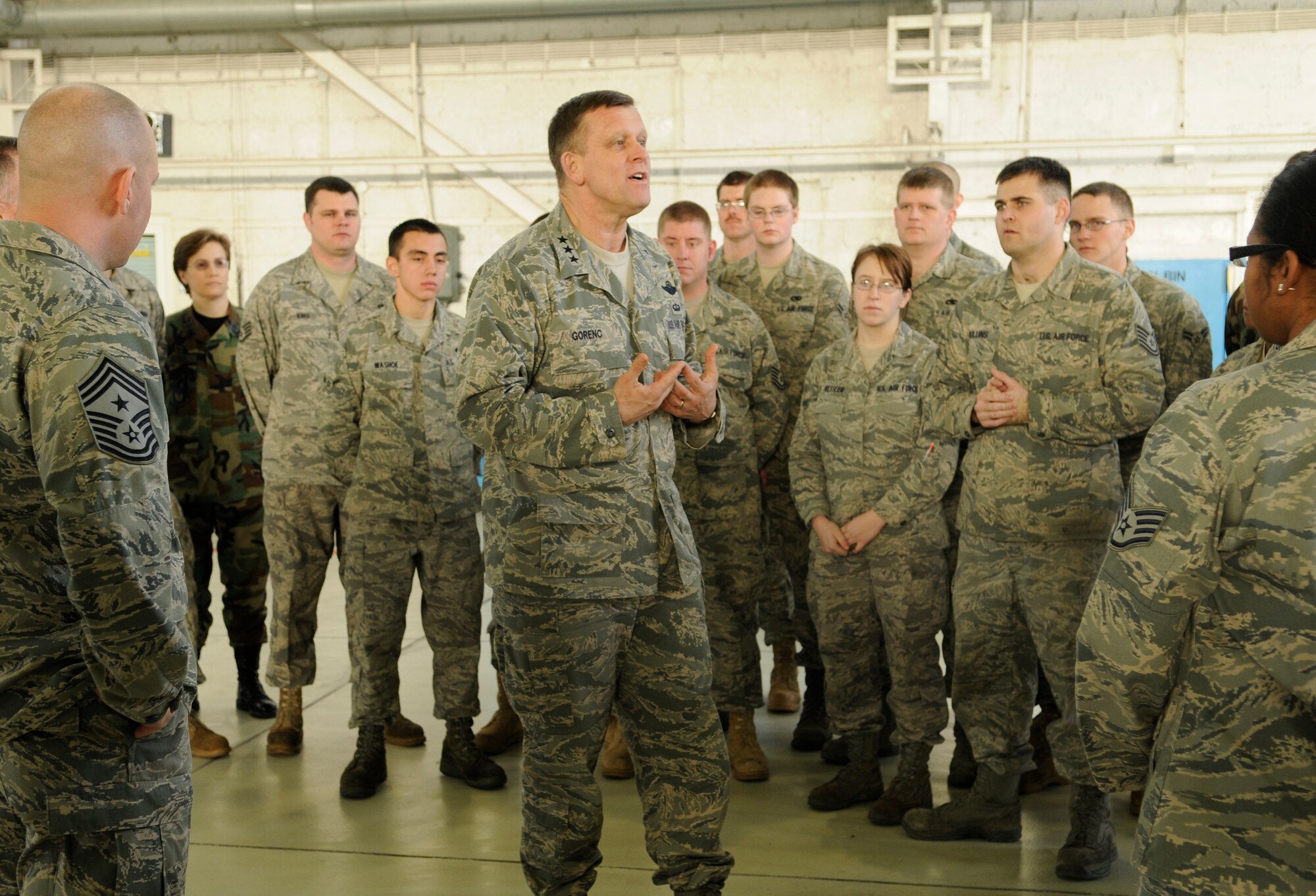SPANGDAHLEM AIR BASE, Germany – Lt. Gen. Frank Gorenc, 3rd Air Force commander, speaks with Spangdahlem Air Base Airmen about Air Force Smart Operations for the 21st Century initiatives and emphasizes the importance of constant improvement during his visit here Feb. 18. General Gorenc visited Spangdahlem to speak to Airmen about daily operations, programs that are working well and areas of concern. (U.S. Air Force photo/Senior Airman Benjamin Wilson)
