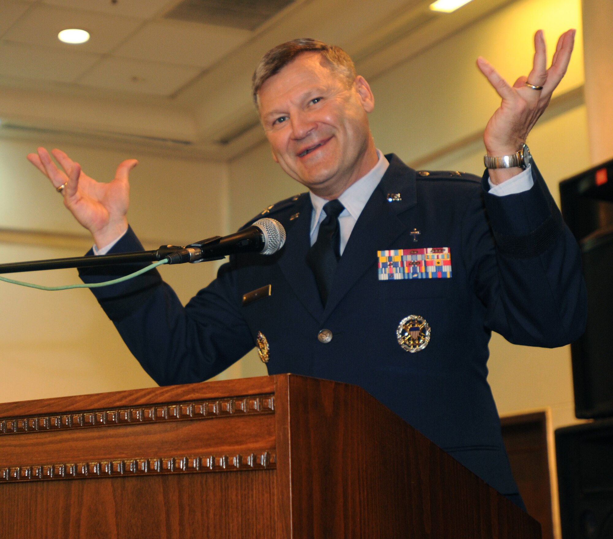 Chaplain (Brig. Gen.) David Cyr, Air Force deputy chief of chaplains, spoke to Incirlik members as a guest speaker Thursday, Feb. 18, 2010 during the 2010 National Prayer Observance luncheon at Incirlik Air Base, Turkey. The luncheon celebrated the National Prayer day and included inspirational music by a gospel choir and Bible testament reading. (U.S. Air Force photo/Airman 1st Class Amber Ashcraft)