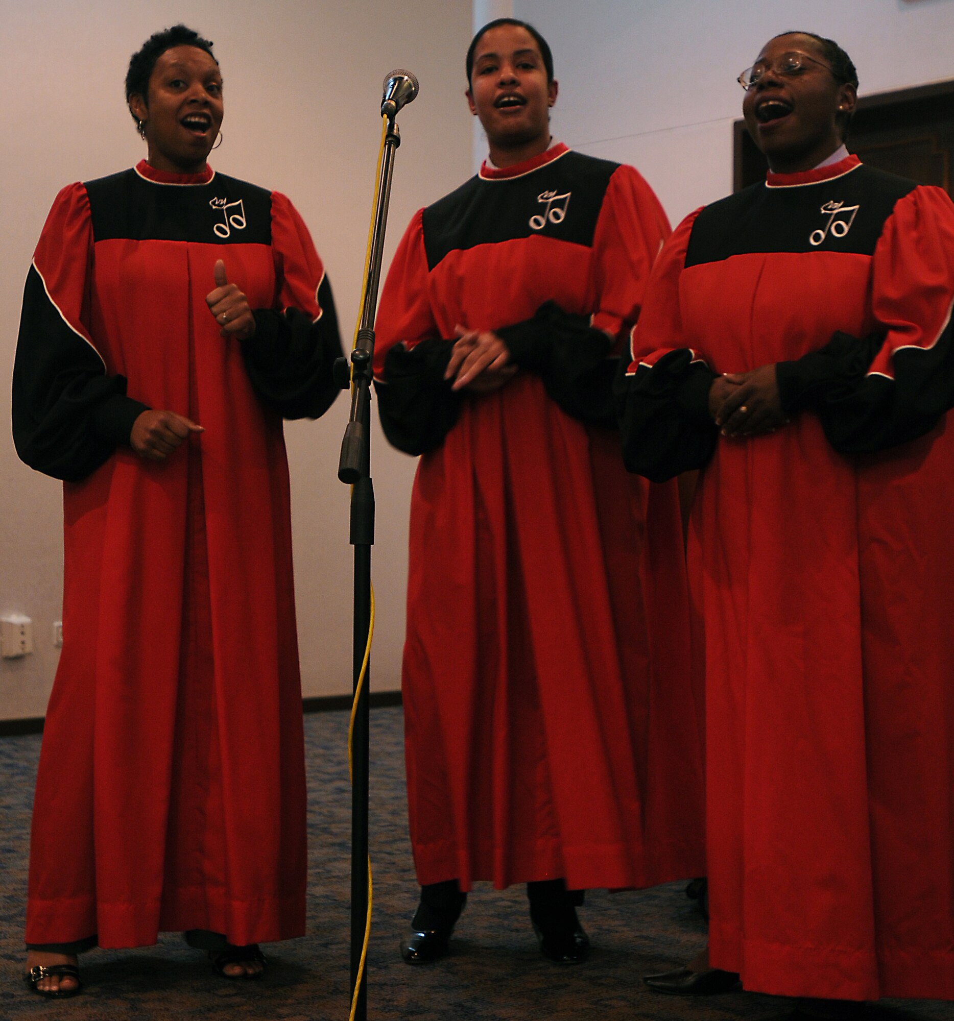 Members from the gospel choir sang inspirational music Thursday, Feb. 18, 2010 during the 2010 National Prayer Observance luncheon at Incirlik Air Base, Turkey. The luncheon celebrated the National day of Prayer and Incirlik was joined by guest speaker Chaplain (Brig. Gen.) David Cyr, Air Force deputy chief of chaplains. (U.S. Air Force photo/Airman 1st Class Amber Ashcraft)