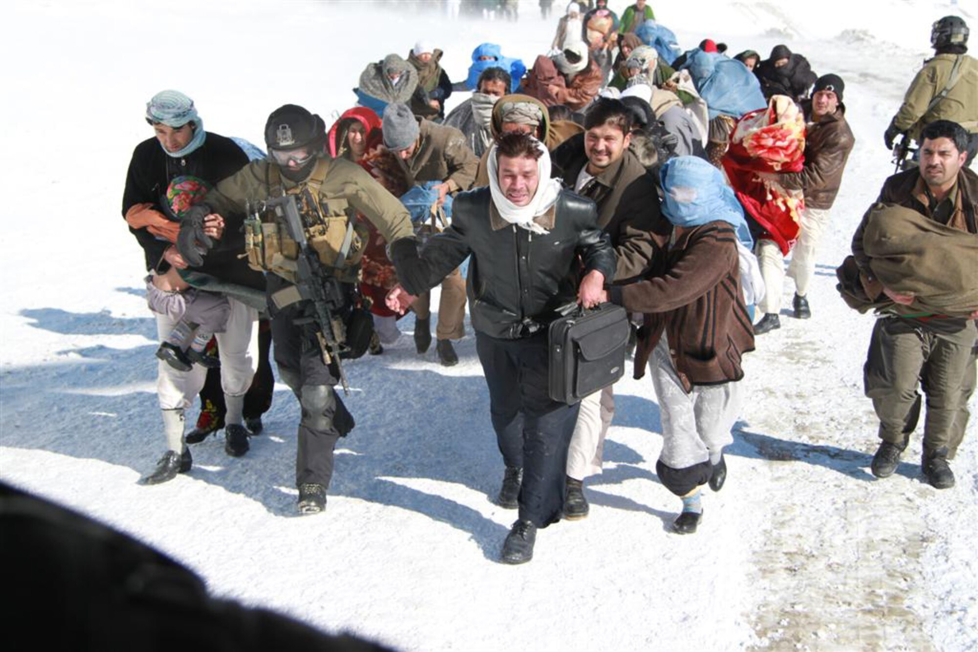 Airmen of the 33rd Expeditionary Rescue Squadron assisted more than 300 Afghan avalanche survivors during a mission to Salang Pass, Afghanistan, Feb. 9, 2010. (Courtesy photo)