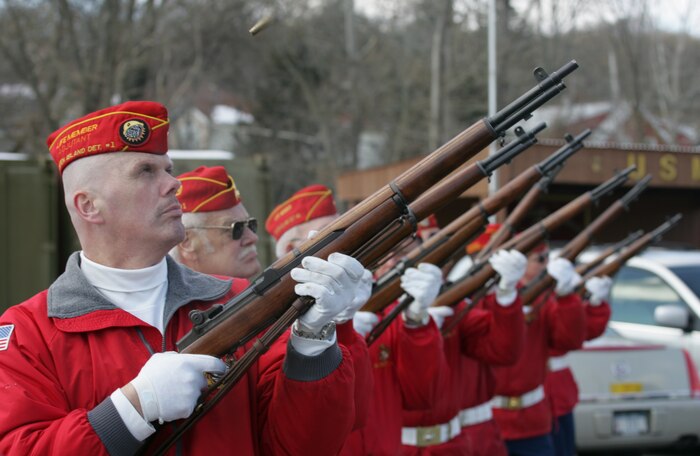The Marine Corps League Detachment 246 presented a rifle salute, Feb. 19, 2010, in honor  of Iwo Jima veterans attending their annual celebration for the Marines who fought in the Feb 19 - March 26, 1945 battle. (Official Marine Corps photo by Sgt. Randall A. Clinton)