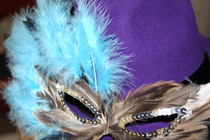 A feathered mask is displayed before the Mardi Gras celebration held at the Club Iwakuni ball room here Feb. 20. The club provided hip-hop and Latin music along with a live band that played until 11 p.m.