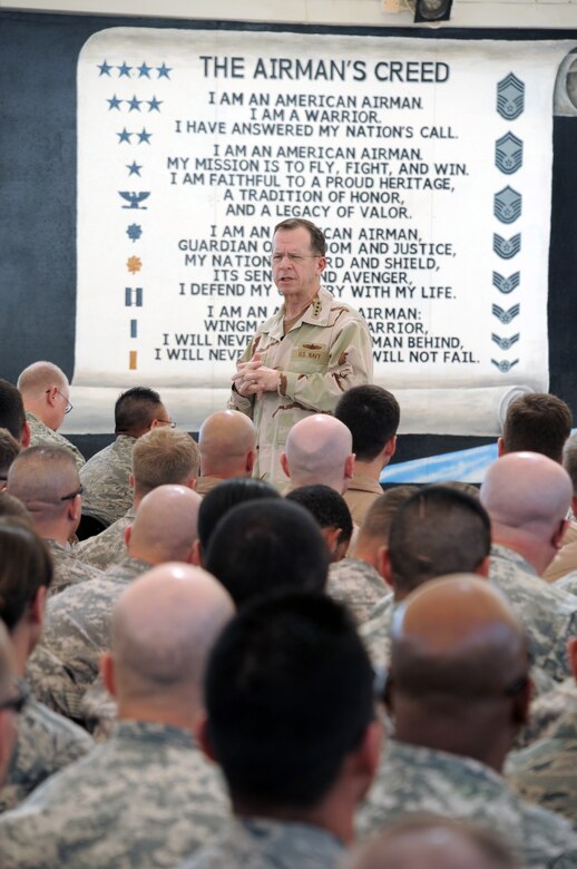 U.S. Navy Adm. Mike Mullen, Chairman of the Joint Chiefs of Staff, talks to service members during an "All Hands" call during a visit to the 380th Air Expeditionary Wing by Admiral Mullen on Feb. 18, 2010, to a non-disclosed base in Southwest Asia.  (U.S. Air Force Photo/Master Sgt. Scott T. Sturkol/Released)