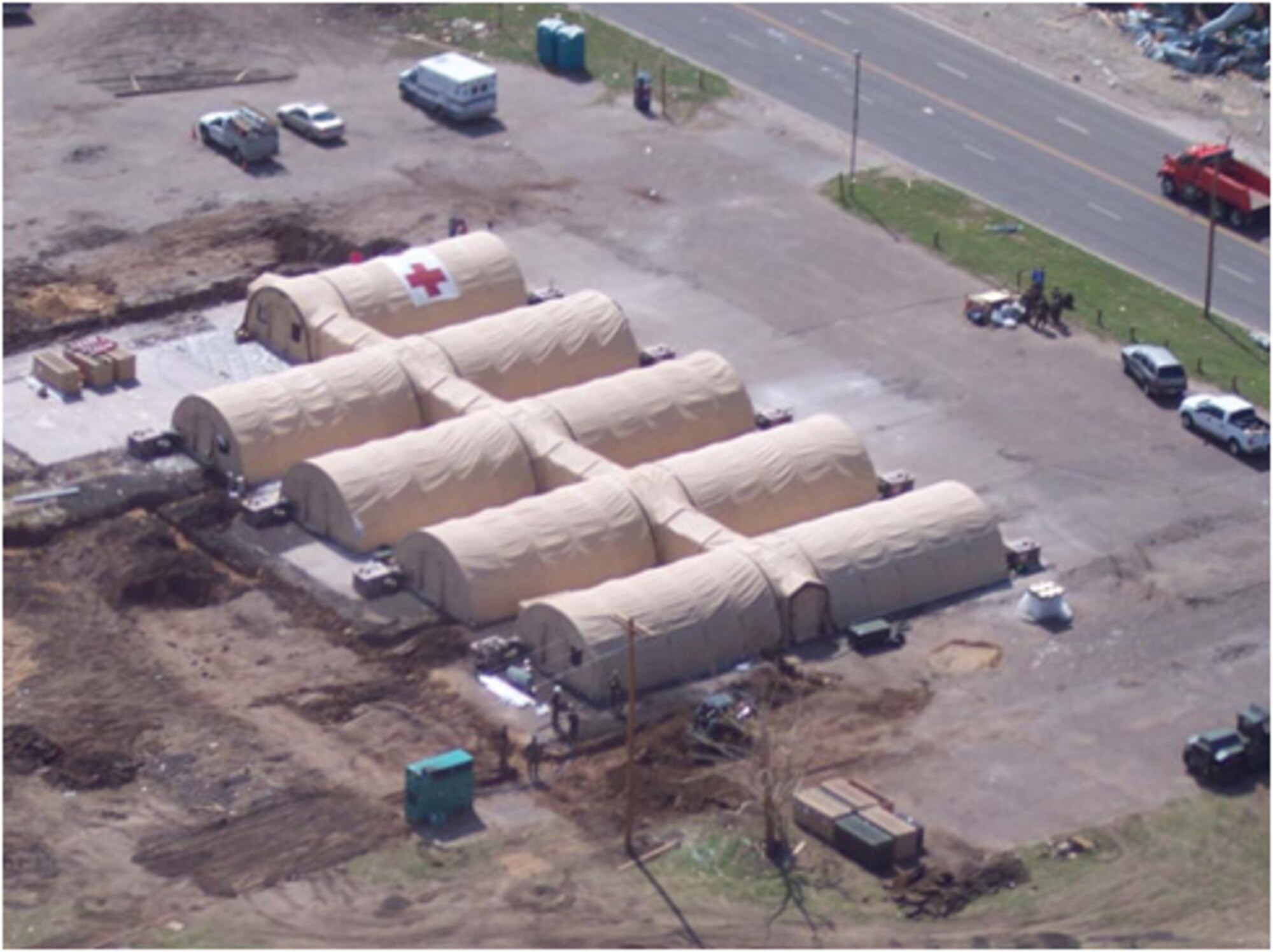 Aerial view of the EMEDS in Greensburg, Kan. The 190th Air Refueling Wing setup this following the devastating tornado that destroyed the town's hospital.