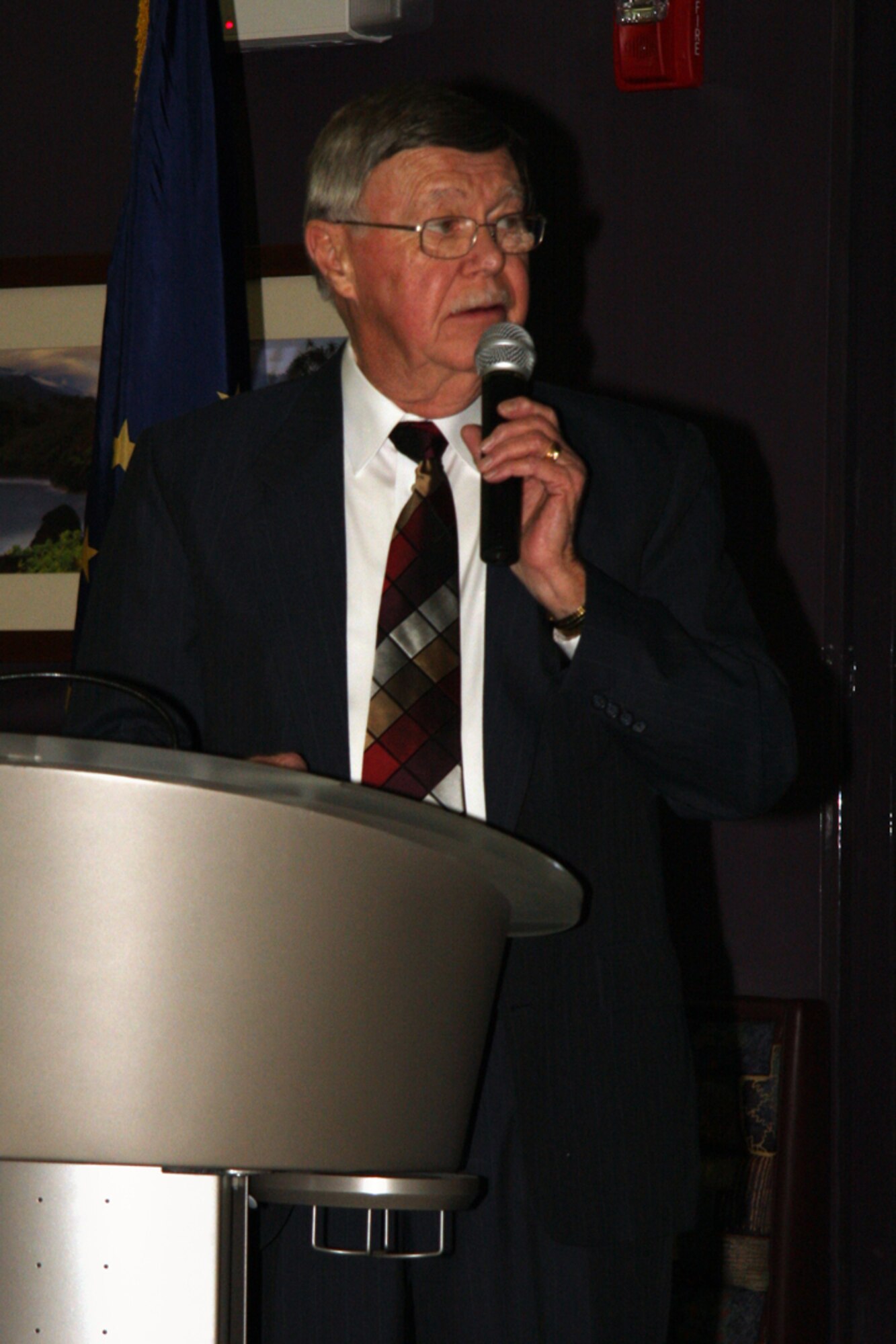 GRISSOM AIR RESERVE BASE, Ind., -- Mr. David Shearer, director of the Grissom Community Council's membership committee, takes the stage during the 2010 Annual Awards Banquet at Grissom ARB.  (U.S. Air Force photo/Tech. Sgt. Mark. R. W. Orders-Woempner)