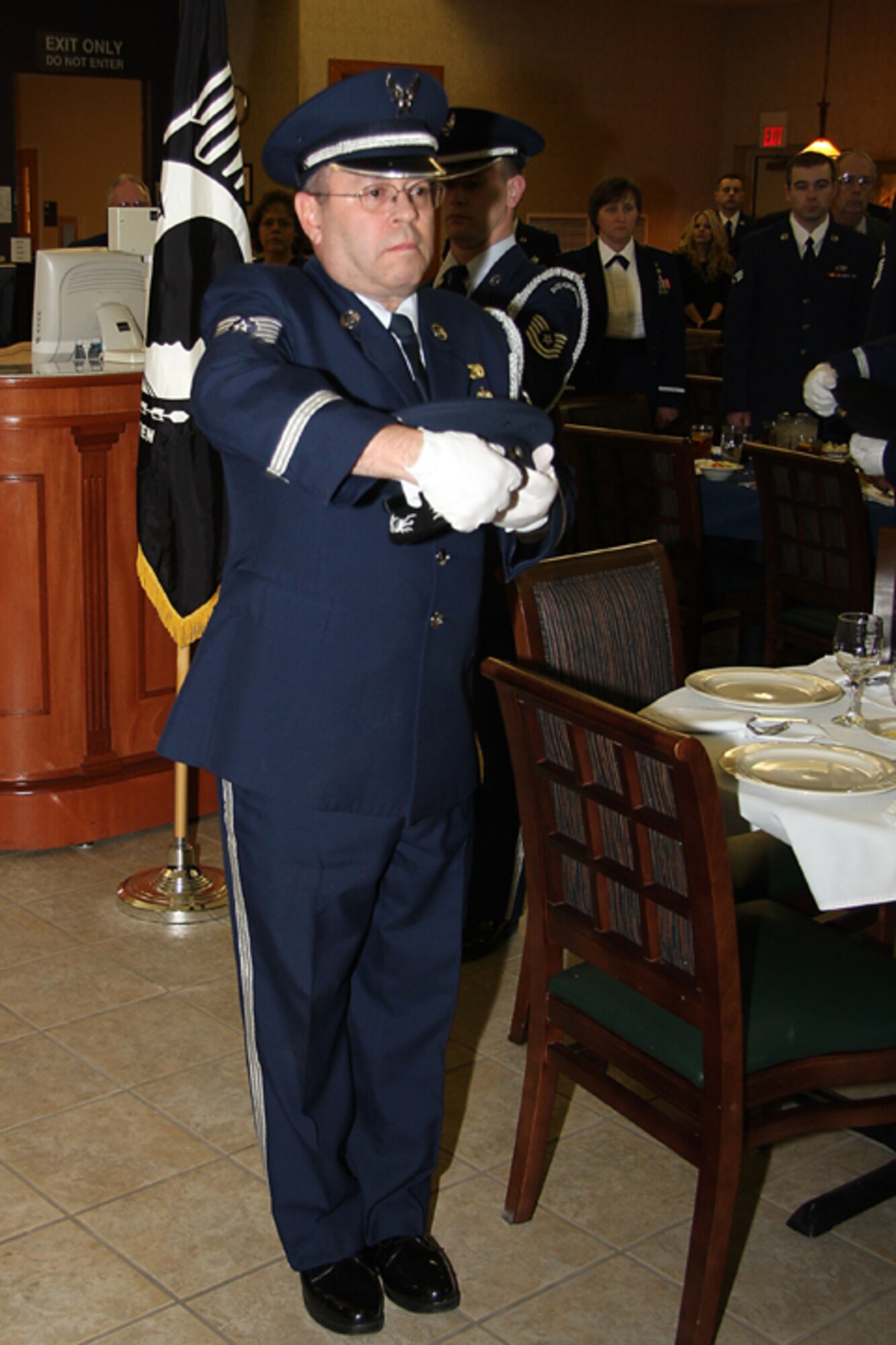GRISSOM AIR RESERVE BASE, Ind., -- Tech. Sgt. Dave Kirk of the Grissom Honor Guard takes precisely measured actions during a special POW/MIA ceremony.  The ceremony was part of the opening activities for the 2010 Annual Award Banquet at Grissom ARB.  (U.S. Air Force photo/Tech. Sgt. Mark Orders-Woepmner)