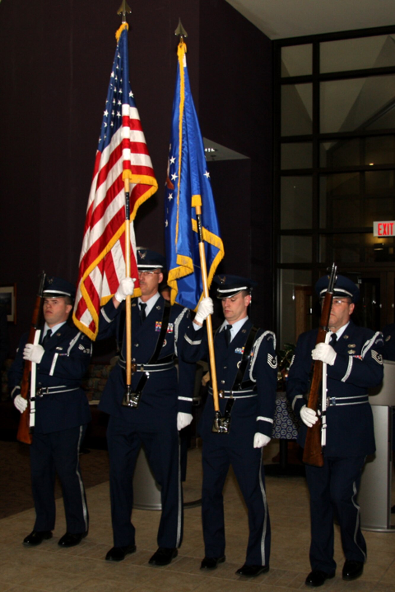 GRISSOM AIR RESERVE BASE, Ind., -- The Grissom Honor Guard posts the colors to open the 2010 Annual Awards Banquet.  A standing room only crowd of military personnel, Community Council members, local civic leaders and family members were in attendance.  (U.S. Air Force photo/Tech. Sgt. Mark Orders-Woepmner)