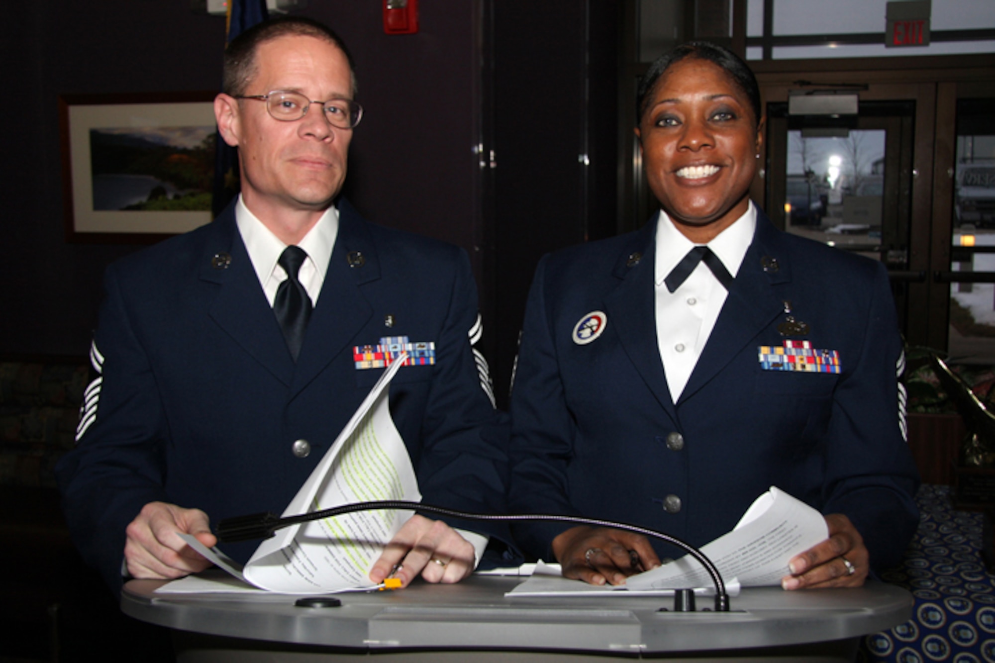 GRISSOM AIR RESERVE BASE, Ind., -- Senior Master Sgts. Mark Campbell and Linda Mason-Wilson were the masters of ceremony at the 2010 Annual Awards Banquet at Grissom ARB.  (U.S. Air Force photo/Tech. Sgt. Mark Orders-Woempner)