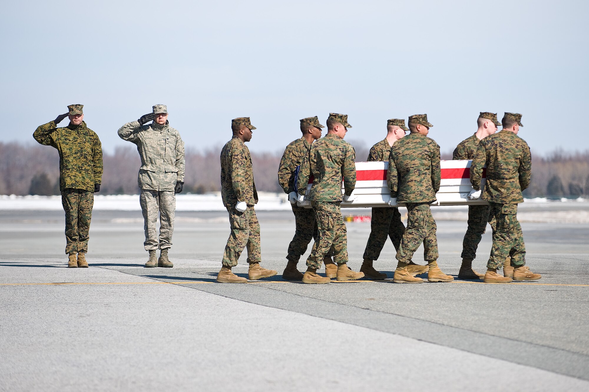 A U.S. Marine Corps team transfers the remains of Marine Corps Pfc. Kyle J. Coutu, of Providence, R.I., at Dover Air Force Base, Del., February 20. Pfc. Coutu was assigned to 3rd Battalion, 6th Marine Regiment, 2nd Marine Division, II Marine Expeditionary Force, Camp Lejeune, N.C. (U.S. Air Force photo/Roland Balik)