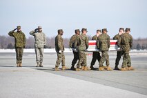A U.S. Marine Corps team transfers the remains of Marine Corps Pfc. Kyle J. Coutu, of Providence, R.I., at Dover Air Force Base, Del., February 20. Pfc. Coutu was assigned to 3rd Battalion, 6th Marine Regiment, 2nd Marine Division, II Marine Expeditionary Force, Camp Lejeune, N.C. (U.S. Air Force photo/Roland Balik)