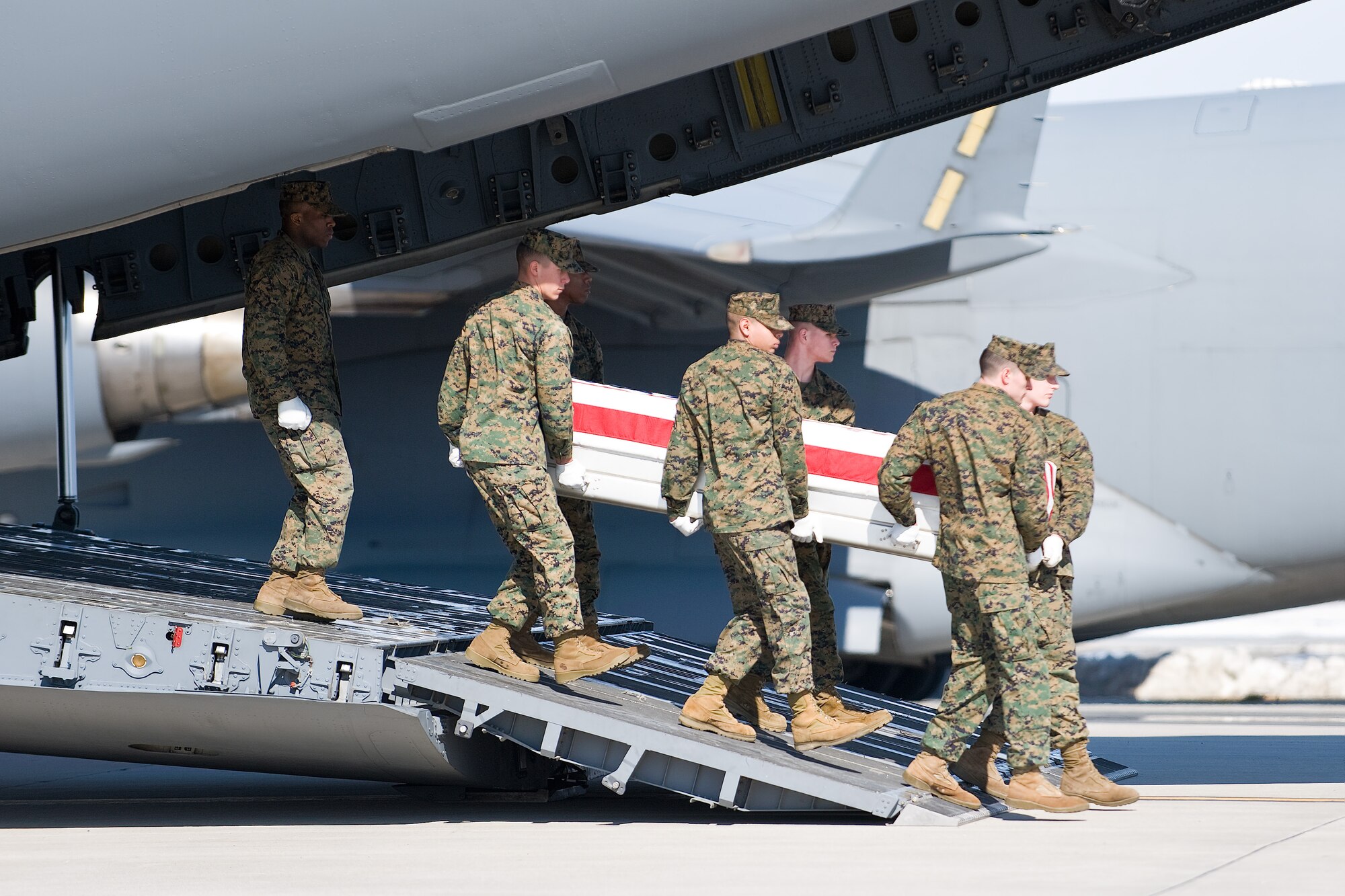 A U.S. Marine Corps team transfers the remains of Marine Corps Lance Cpl. Larry M. Johnson, of Scranton, Pa., at Dover Air Force Base, Del., February 20. Lance Cpl. Johnson was assigned to 2nd Combat Engineer Battalion, 2nd Marine Division, II Marine Expeditionary Force, Camp Lejeune, N.C. (U.S. Air Force photo/Roland Balik)