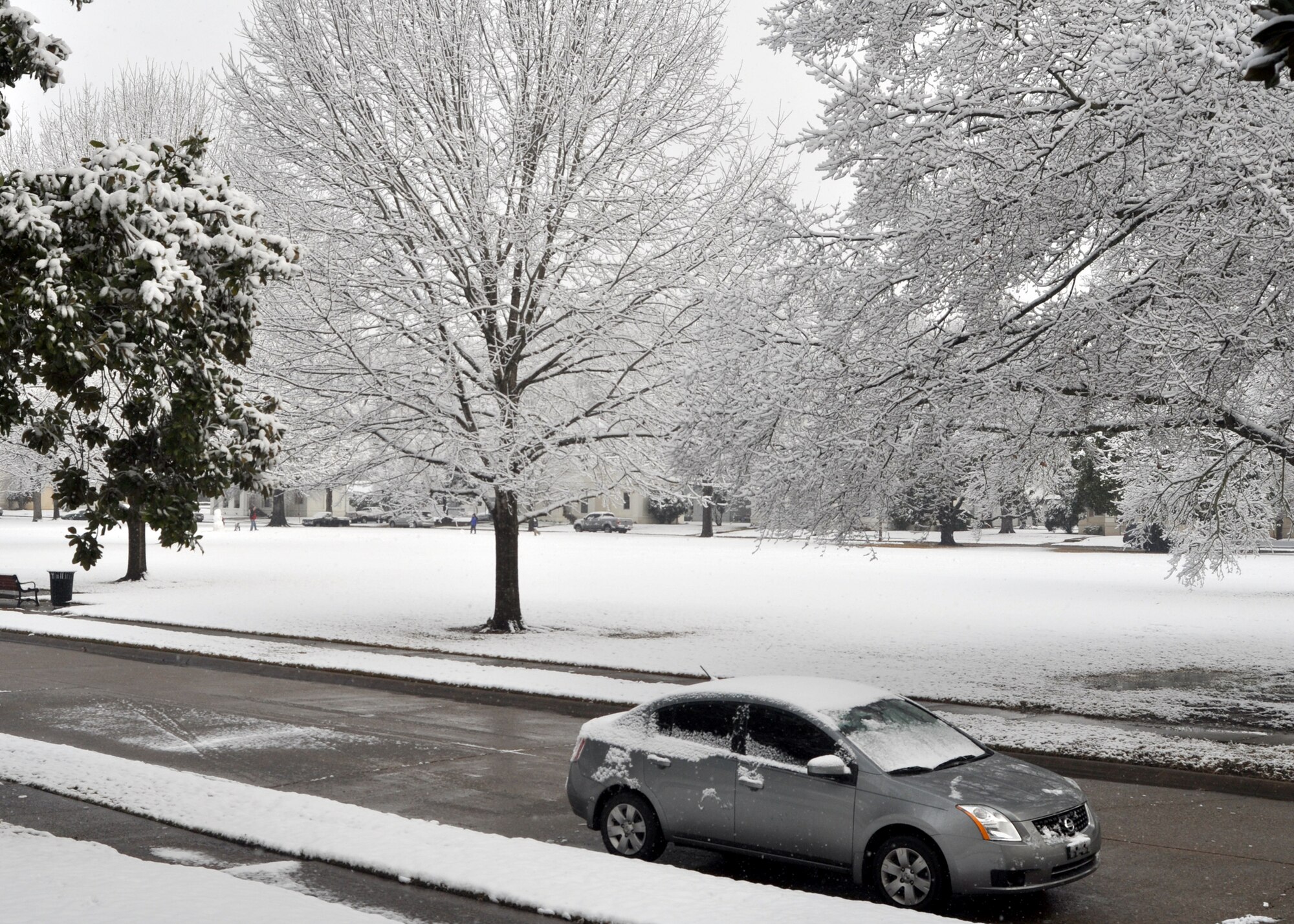 Barksdale Air Force Base, La., home to the 917th Wing, woke up to a two-and-a-half inch layer of snow on the ground Feb. 12, 2010 after experiencing snow flurries on Feb. 11, 2010. This coating is the first in years for Barksdale.   (U.S. Air Force Photo/Senior Airman Crystal Marie Jordan)
