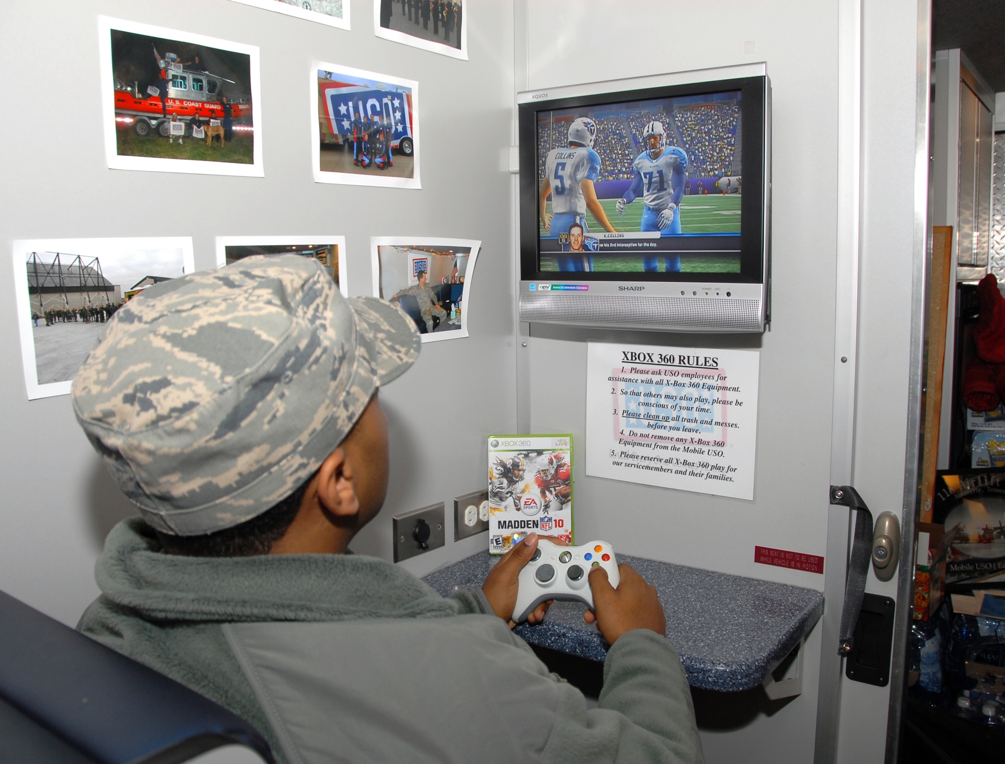 Staff Sgt. Stephen West, 118th AW recruiter, stopped by the Mobile USO and played on one of the four XBox stations inside.