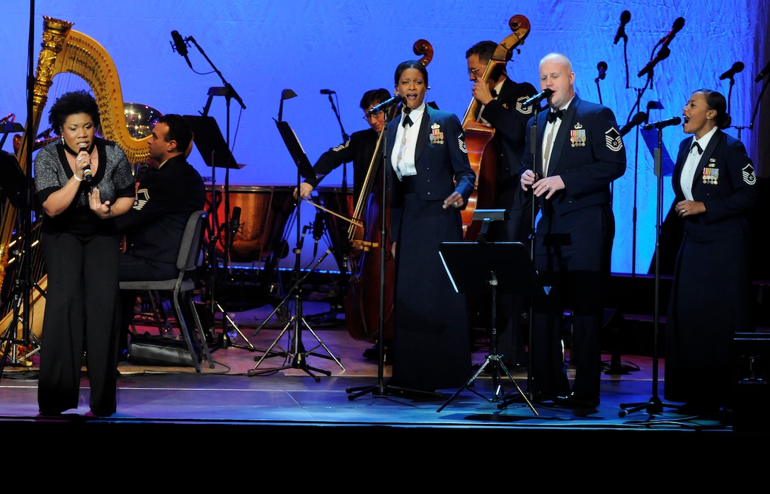 The United States Air Force Band performs with Melinda Doolittle, American Idol finalist, Feb. 21 at the Daughters of the American Revolution Constitution Hall, D.C. The performance was the first of the Band’s 2010 Guest Artist Series. The next performance in the series will be March 7 in DAR Constitution Hall with the Canadian Brass. For more information on the Guest Artist Series and the USAF Band visit www.usafband.af.mil. (U.S. Air Force photo by Staff Sgt. Tim Chacon)