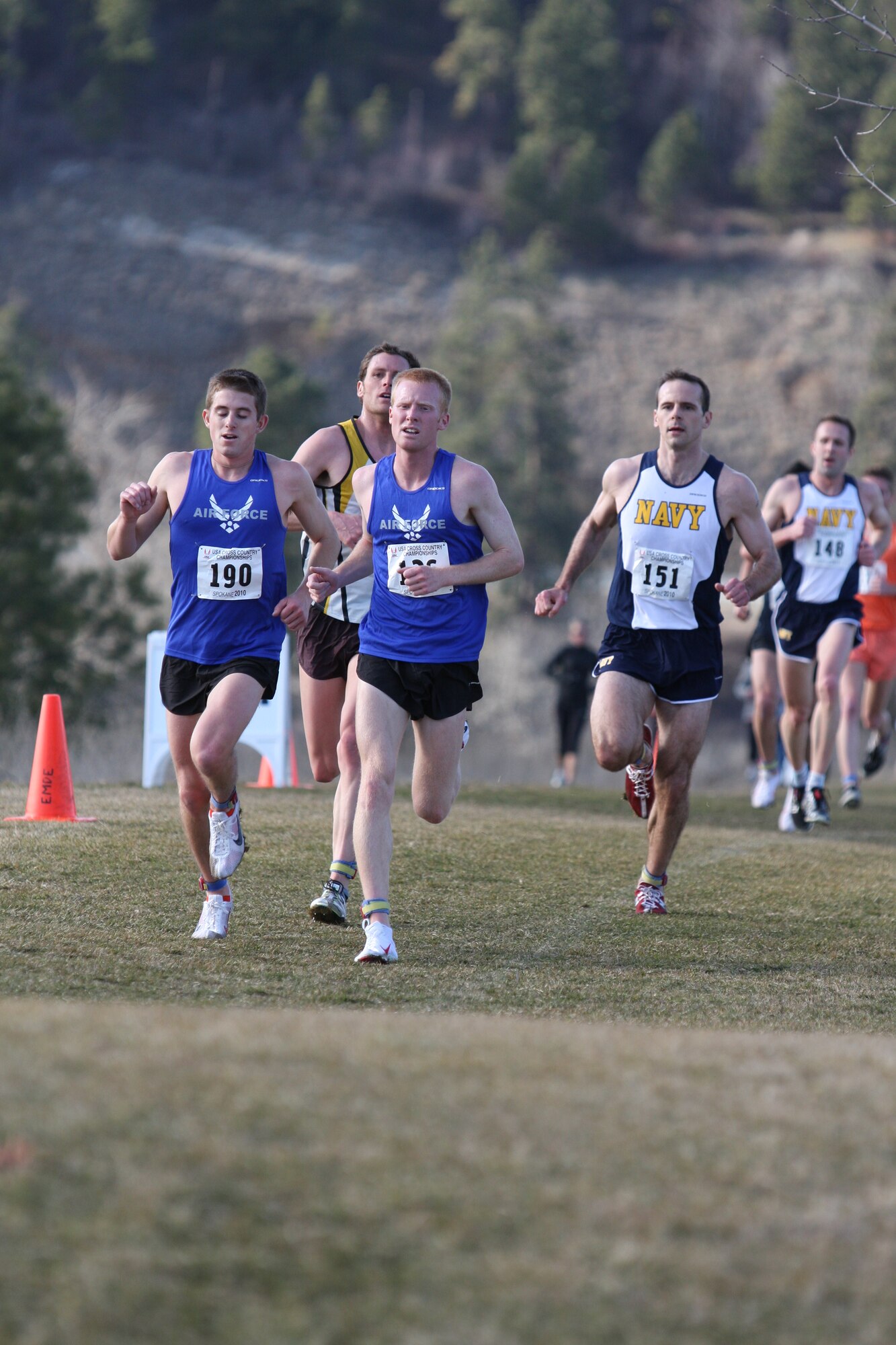 2nd Lt. Matthew Williams, (#190) an Air Force Institute of Technology student at University of Colorado, Boulder, Colo., finished in third place with a time of 37:08, a pace of 4:59 minutes per mile.  2nd Lt. Sean Houseworth (#136) from the Civil Engineering Squadron, Vandenberg, Calif., finished in fifth place with a time of 38:21, a pace of 5:08 minutes per mile.  (U.S. Air Force photo by Stephen Brown)