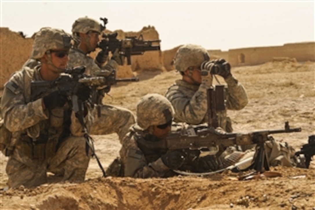 U.S. Army soldiers engage enemy forces during Operation Moshtarak in Badula Qulp, Afghanistan, on Feb. 19, 2010.  The International Security Assistance Force operation is an offensive mission being conducted in areas of Afghanistan prevalent in drug-trafficking and Taliban insurgency.  The soldiers are from Alpha Company, 1st Battalion, 17th Infantry Regiment.  