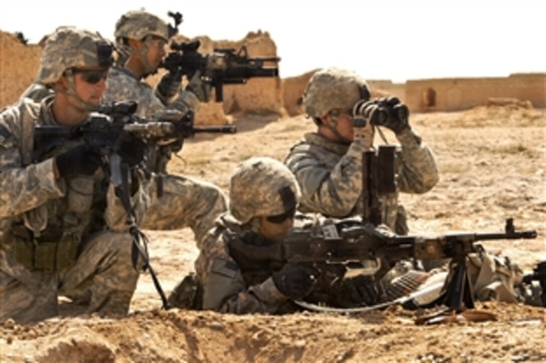 U.S. Army soldiers engage enemy forces during Operation Moshtarak in Badula Qulp, Afghanistan, Feb. 19, 2010. The soldiers are assigned to the Company A, 1st Battalion, 17th Infantry Regiment. The International Security Assistance Force operation is an offensive mission being conducted in areas of Afghanistan prevalent in drug-trafficking and Taliban insurgency.