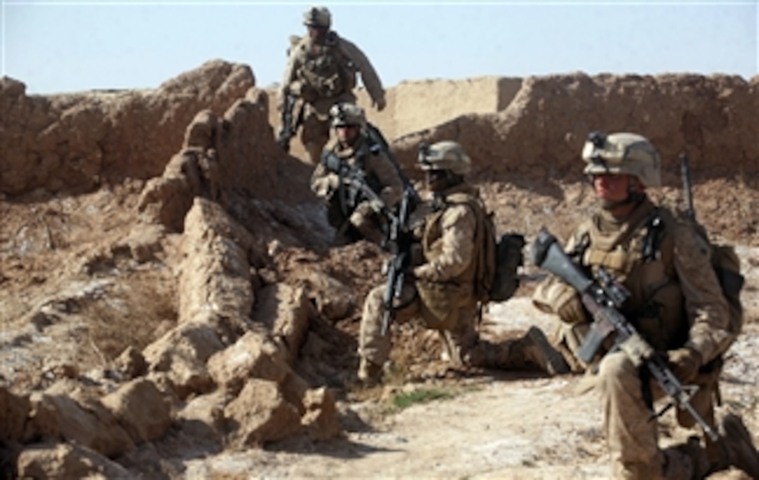 U.S. Marines with 3rd Platoon, India Company, 3rd Battalion, 6th Marine Regiment conduct a patrol in Marja, Helmand province, Afghanistan, on Feb. 16, 2010.  During the patrol the Marines found a large cache of improvised explosive device-making materials which were destroyed.  The Marines and soldiers from the Afghan National Army have been conducting counterinsurgency operations in the province since January.  