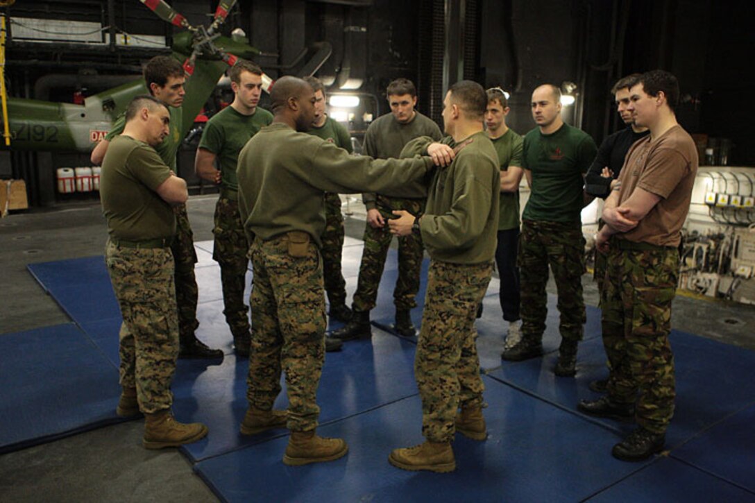 HMS OCEAN - U.S. Marine Staff Sgt. Justino Vasquez, of H&S Company, 2d Battalion, 25th Marine Regiment, teaches United Kingdom Royal Marines a Marine Corps Martial Arts Program (MCMAP) technique, the basic wristlock takedown, during MCMAP training aboard the HMS Ocean during exercise Cold Response 2010. (U.S. Marine Corps photo by Lance Cpl. John Lamb, MARFORRES COMCAM) (Released)