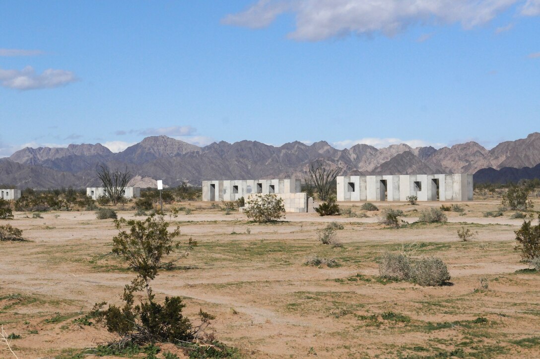 The newly completed east side of Murrayville, the urban portion of the Convoy Security Operations Course training evolution, sits in the Barry M. Goldwater Range southeast of the Marine Corps Air Station in Yuma, Ariz., Feb. 22, 2010. Murrayville’s expansion increases the combat experience for squadron ground elements training for deployment by offering them more than 100 targets to shoot upon and opportunities to practice handling themselves during crossfire in an urban combat environment. Other effects simulators include amplified voices of enemy combatants and simulated improvised explosive devices.