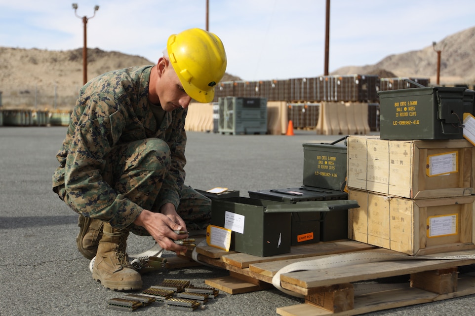 Cpl. Benjamin Smith, a storage team leader with the Center Magazine Area, inventories ammunition at one of the unit's magazines Feb. 23. CMA is responsible for storing, tracking and issuing  thousands of rounds of ammunition to units training throughout the Combat Center's ranges.