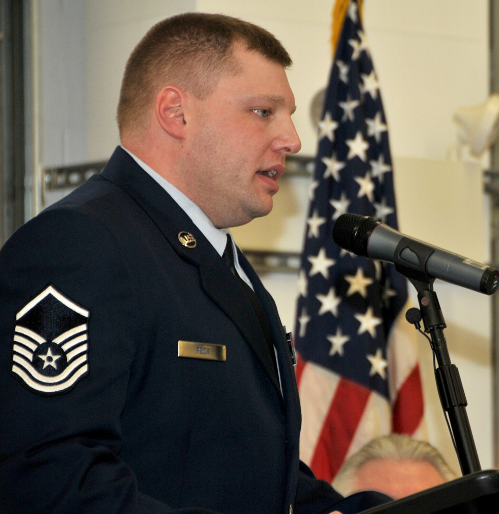 Master Sgt. Gary Peck, Truax Field fire chief, welcomes visitors to the newly renovated Truax Fire and Rescue Station during a dedication ceremony Feb. 19. U.S. Senator for Wisconsin Herb Kohl joined Dane County leaders and other military officials to formally dedicate the new $6 million facility following a 12-month renovation project. Wisconsin Air National Guard photo by Tech. Sgt. Jon LaDue 


