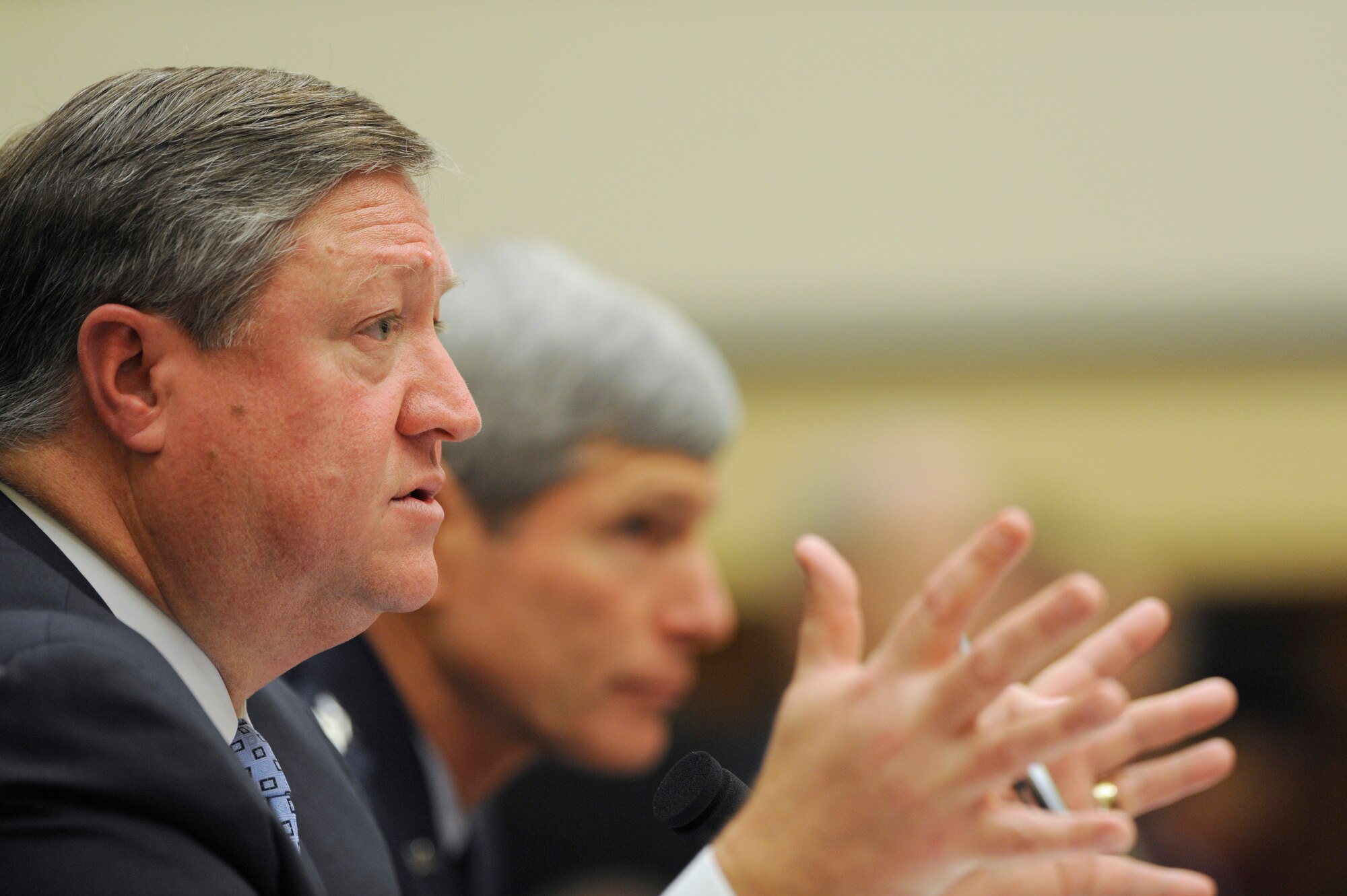 Secretary of the Air Force Michael Donley testifies before the House Armed Services Committee Feb. 23, 2010, in the Rayburn House Office Building on Capitol Hill, along with Air Force Chief of Staff Gen. Norton Schwartz. The committee met to receive testimony on the fiscal 2011 Air Force budget request.  (U.S. Air Force photo/Scott M. Ash)