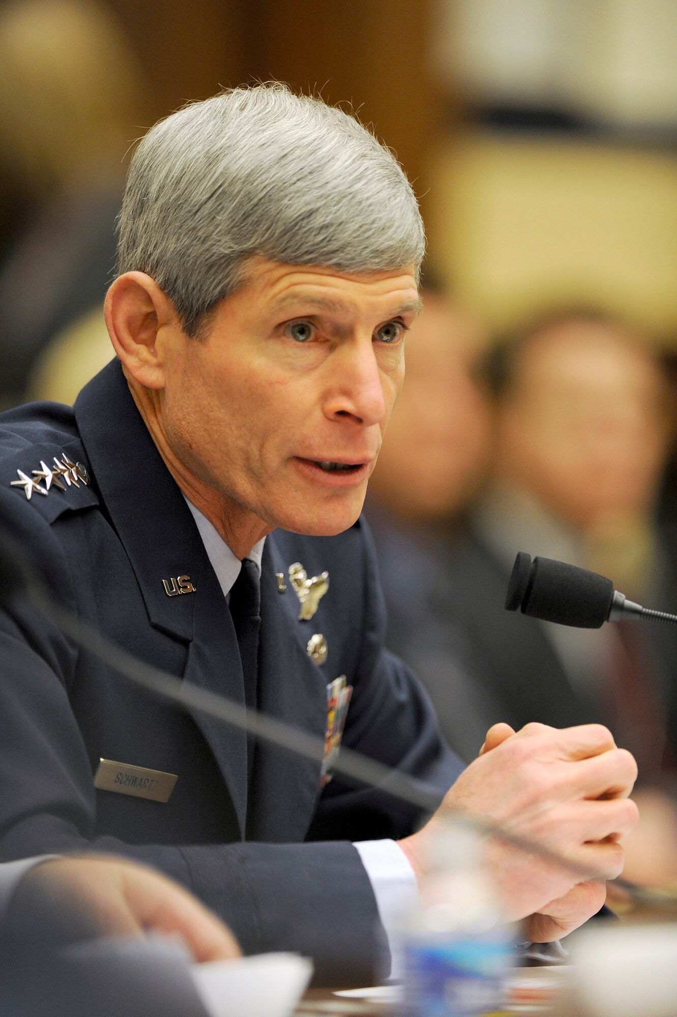 Air Force Chief of Staff Gen. Norton Schwartz serves as a witness before the House Armed Services Committee Feb. 23, 2010, in the Rayburn House Office Building on Capitol Hill.  Both General Schwartz and Secretary of the Air Force Michael Donley answered questions that heavily leaned toward the status of the F-35 Lightning II joint strike fighter program, alignment with allies in future aircraft development, force readiness and the service's position on the review of the "Don't Ask, Don't Tell" policy.  (U.S. Air Force photo/Scott M. Ash)