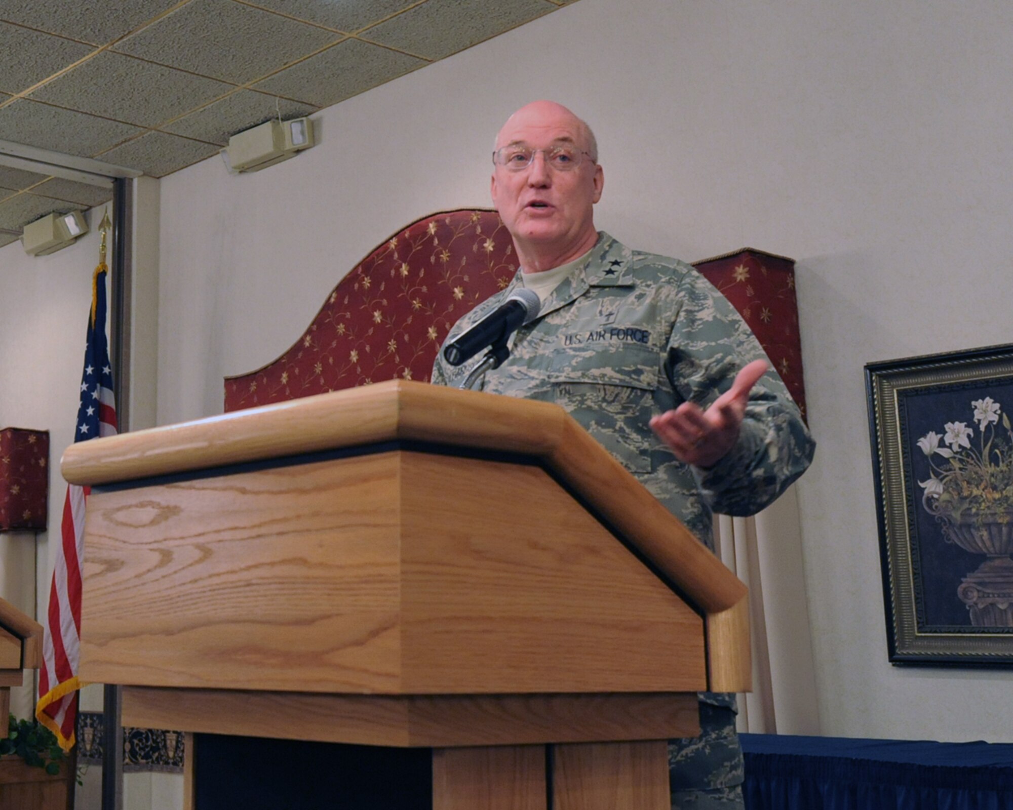 MINOT AIR FORCE BASE, N.D. – Chaplain (Maj. Gen.) Cecil Richardson, Air Force Chief of Chaplains, gives a speech during the National Prayer Breakfast Feb. 19. The theme for this year’s NPB was “The battle is the Lord’s.” It was attended by more than 150 active-duty military members and local civic leaders. (U.S. Air Force photo by Senior Airman Sharida Jackson).