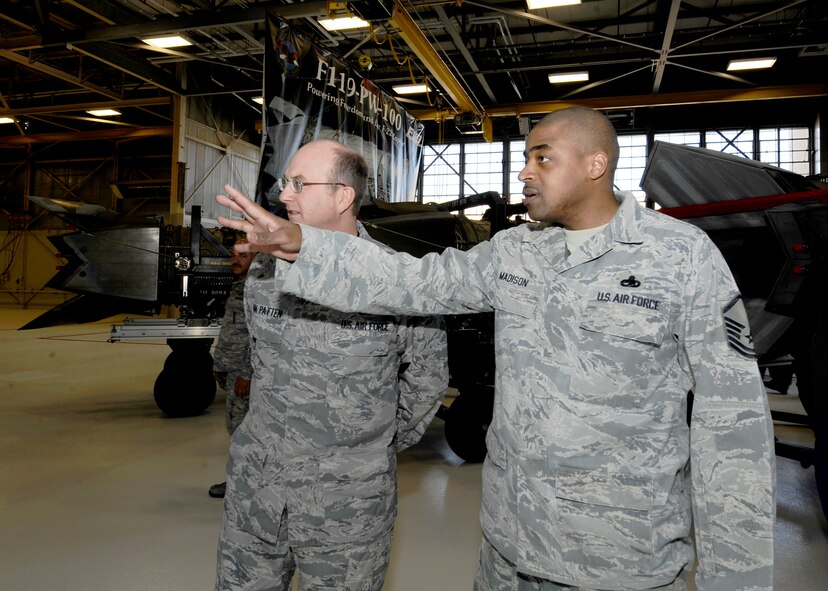 HOLLOMAN AIR FORCE BASE, N.M. -- Master Sgt. John Madison, assistant propulsion flight chief from the 49th Maintenance Squadron, gives Col. Donald Van Patten, 49th MXG commander, a tour of the newly renovated engine shop, Feb. 12. The engine shop includes more than 30,000 square feet of space and major upgrades. (U.S. Air Force photo by Airman 1st Class Veronica Stamps)