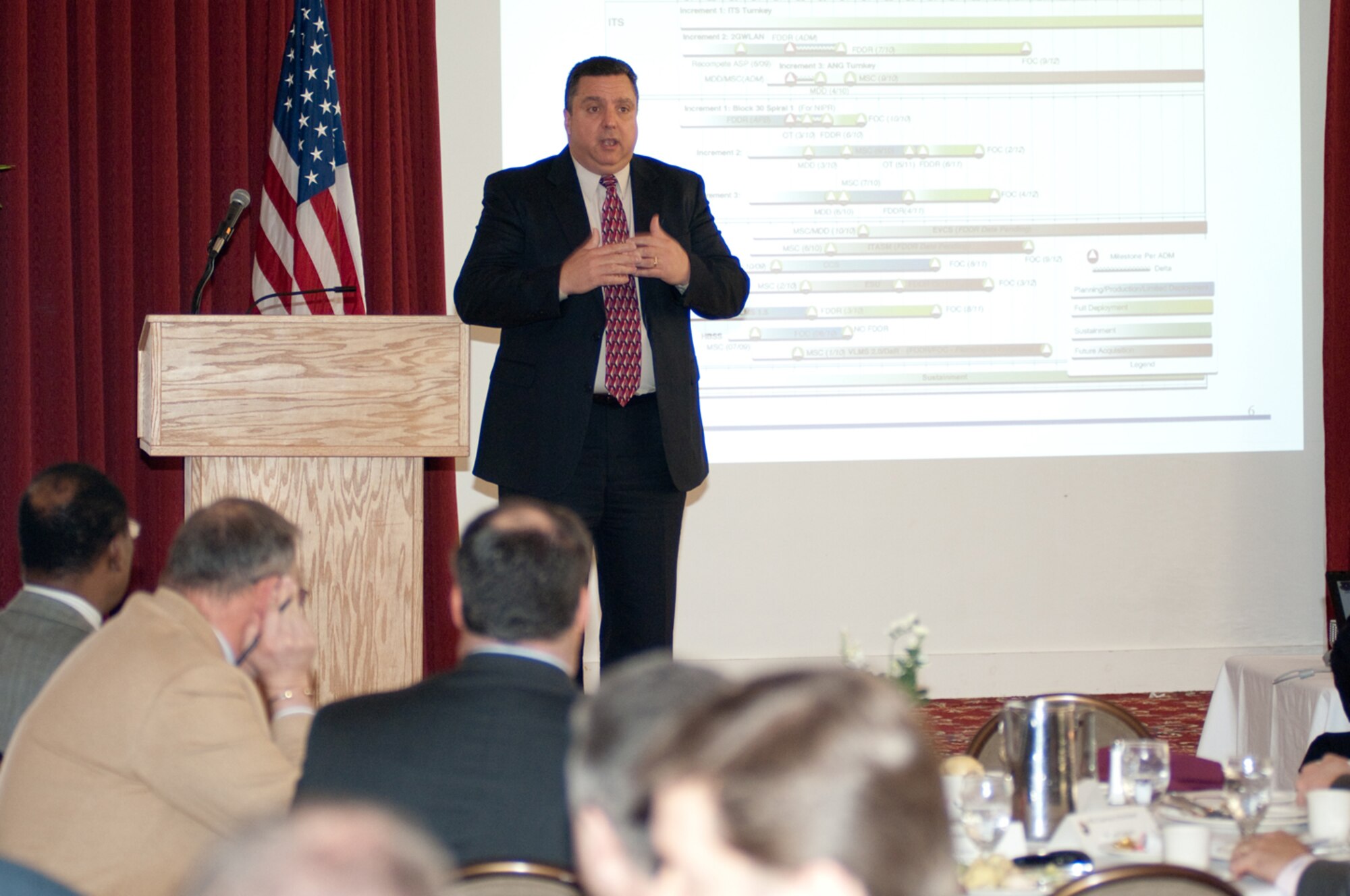 HANSCOM AIR FORCE BASE, Mass. -- Ronnie Carter, director of the 753rd Electronic Systems Group,  addresses the Hanscom Representatives Association in the Minuteman Club Ballroom February 19.  Mr. Carter spoke about cyber integration, the Information Transport System and his group’s other fiscal year 2010 program needs.  (U.S. Air Force Photo by Rick Berry)
