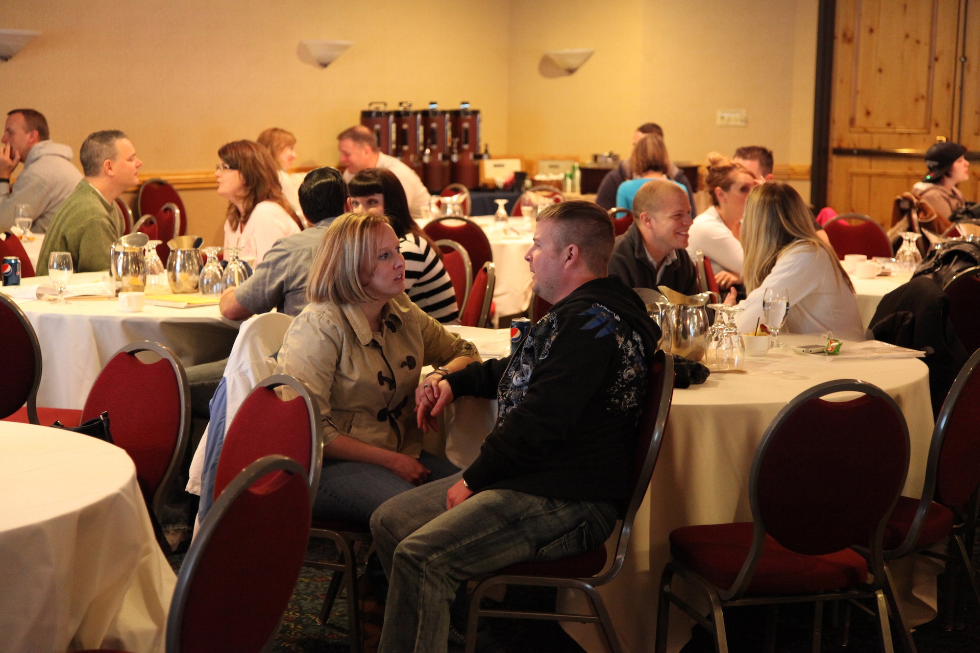 Capt. Mike and Jesa Griffith participate in a communication exersise during the Marriage Enrichment Seminar during the Colorado National Guard Yellow Ribbon Reintegration Retreat, Breckenridge, CO.  Members and their families attend the  retreat after returning from deployment away from their families.  (U.S. Air Force photo/Technical Sgt. Kevin Coulter) (RELEASED)