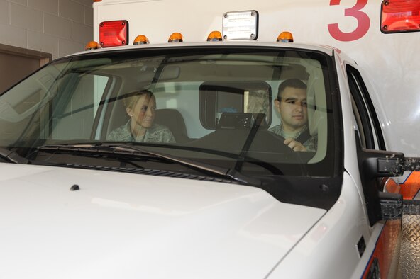 WHITEMAN AIR FORCE BASE, Mo. - Senior Airmen Melissa Lerch and Juan Vazquez, 509th Medical Operations Squadron aerospace medical technicians, respond to an emergency call, Feb. 23, 2010. Ambulance Services are on-call 24 hours a day, ready to respond to anything from an emergency landing on the airfield, to a sprained ankle at the fitness center. (U.S. Air Force photo/ Airman 1st Class Carlin Leslie)


