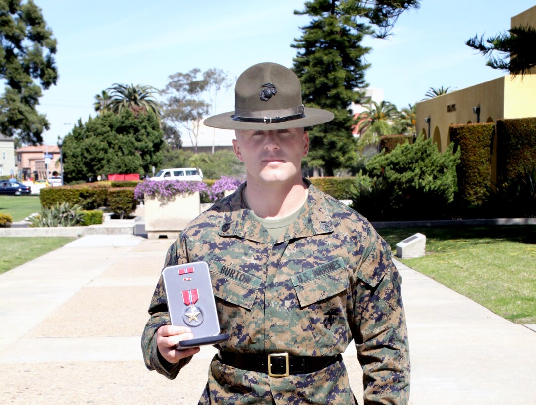 Staff Sgt. Cyle J. Burton, senior drill instructor, Platoon 1066, Company D, Marine Corps Recruit Depot San Diego, was awarded a Bronze Star Medal after enduring a four day battle with insurgents in support of Operation Iraqi Freedom.