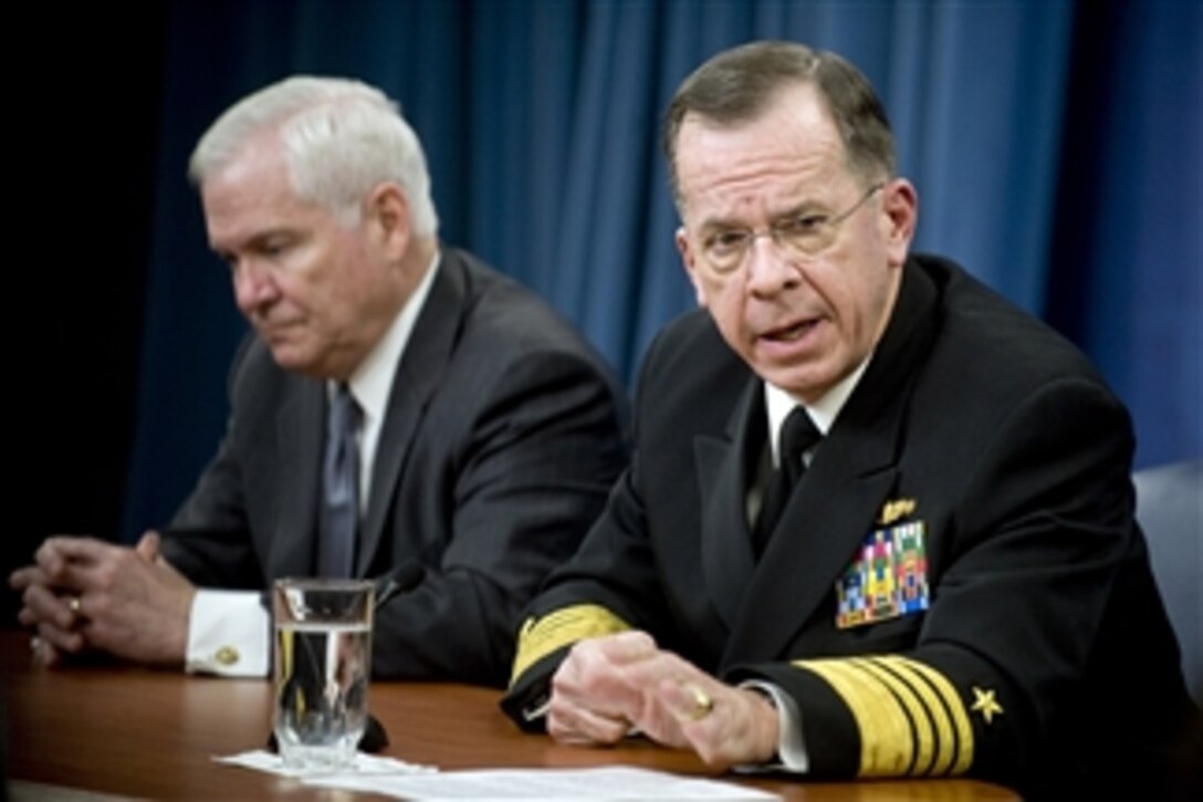 Secretary of Defense Robert M. Gates (left) and Chairman of the Joint Chiefs of Staff Adm. Mike Mullen conduct a news conference in the Pentagon on Feb. 22, 2010.  