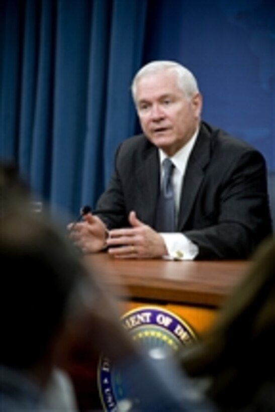 Secretary of Defense Robert M. Gates conducts a news conference in the Pentagon on Feb. 22, 2010.  