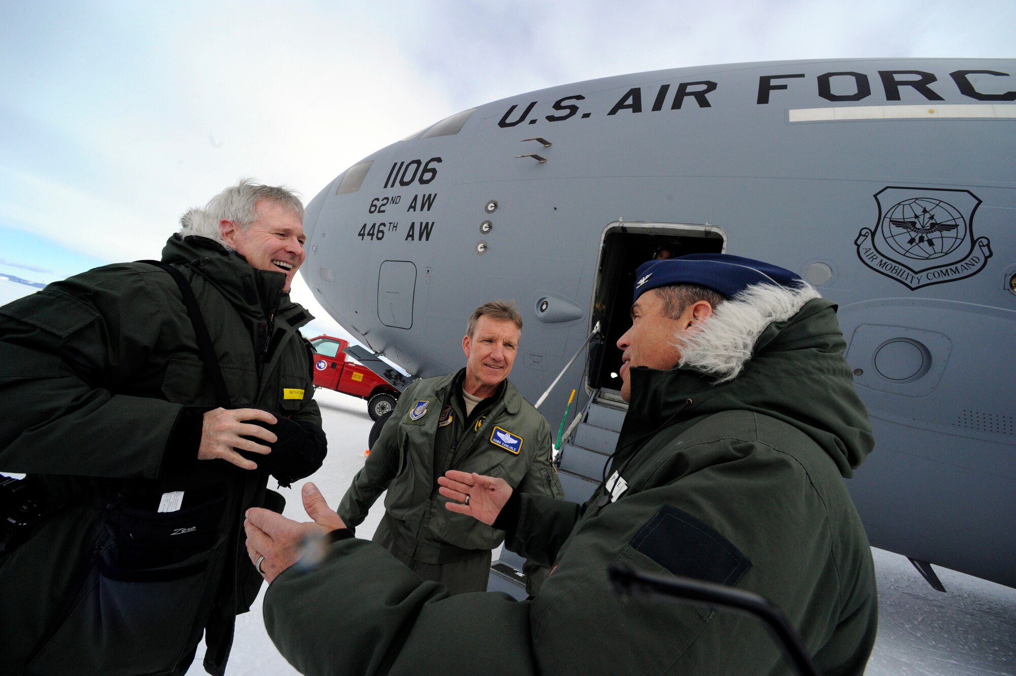 Col. Paul Sheppard (right), Joint Task Force Support Forces Antarctica deputy commander, welcomes Secretary of the Navy Ray Mabus and Lt. Gen. Hawk Carlisle to McMurdo Station, Antarctica, Feb. 2.  Secretary Mabus and General Carlisle, 13th Air Force and JTF SFA commander, visited with scientists and engineers working in Antarctica, as well as the U.S. military personnel supporting their logistical requirements as part of Operation Deep Freeze.   JTF SFA, led by 13th Air Force at Joint Base Pearl Harbor Hickam, Hawaii, wrapped up the most recent ODF season Feb. 24.   (U.S. Navy photo/Mass Communication Specialist 2nd Class Kevin S. O'Brien)
